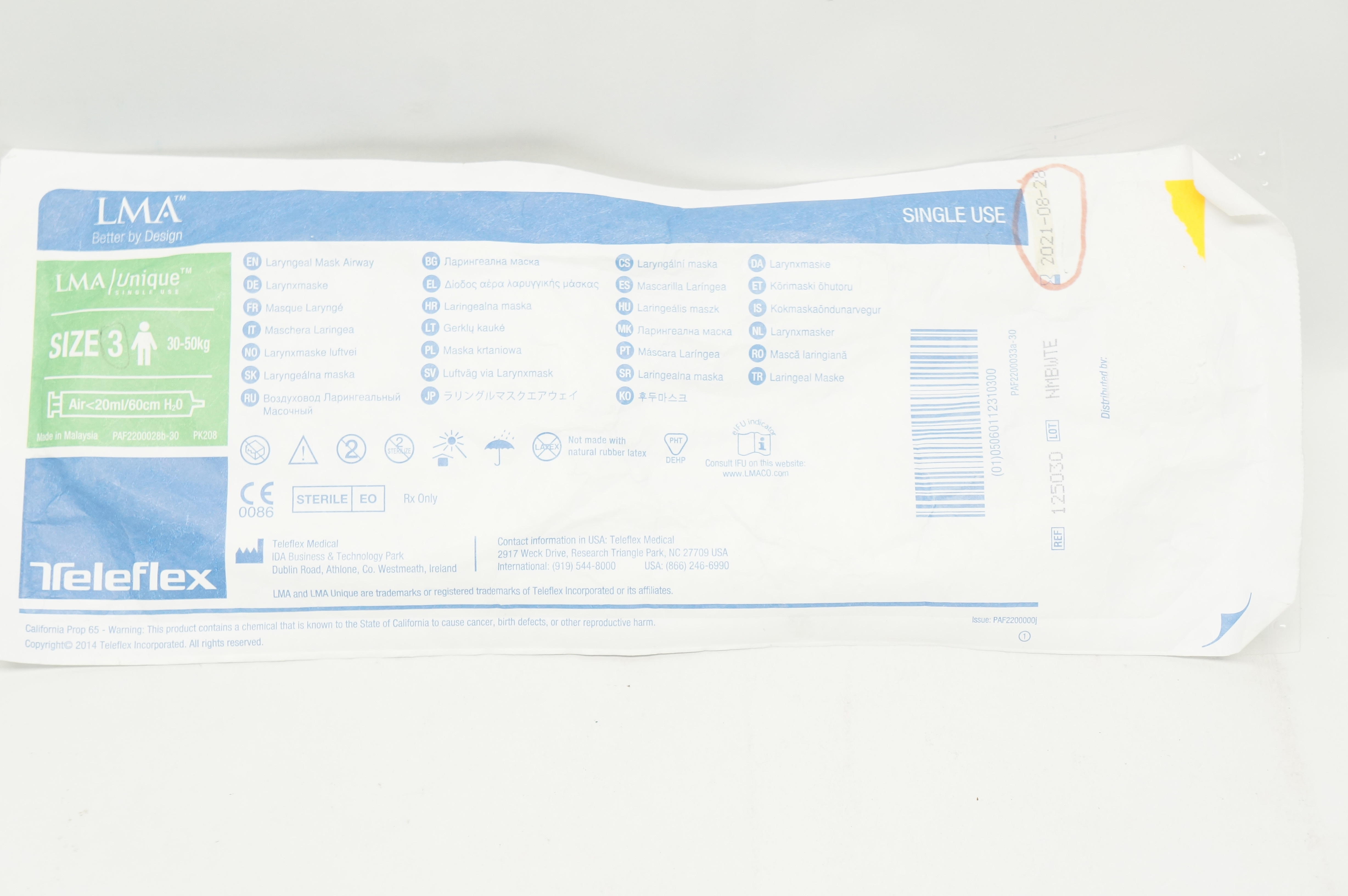 Teleflex 125030 LMA Unique Laryngeal MaskAirway Size 3 30-50kg <20ml/60cm H2O(x)