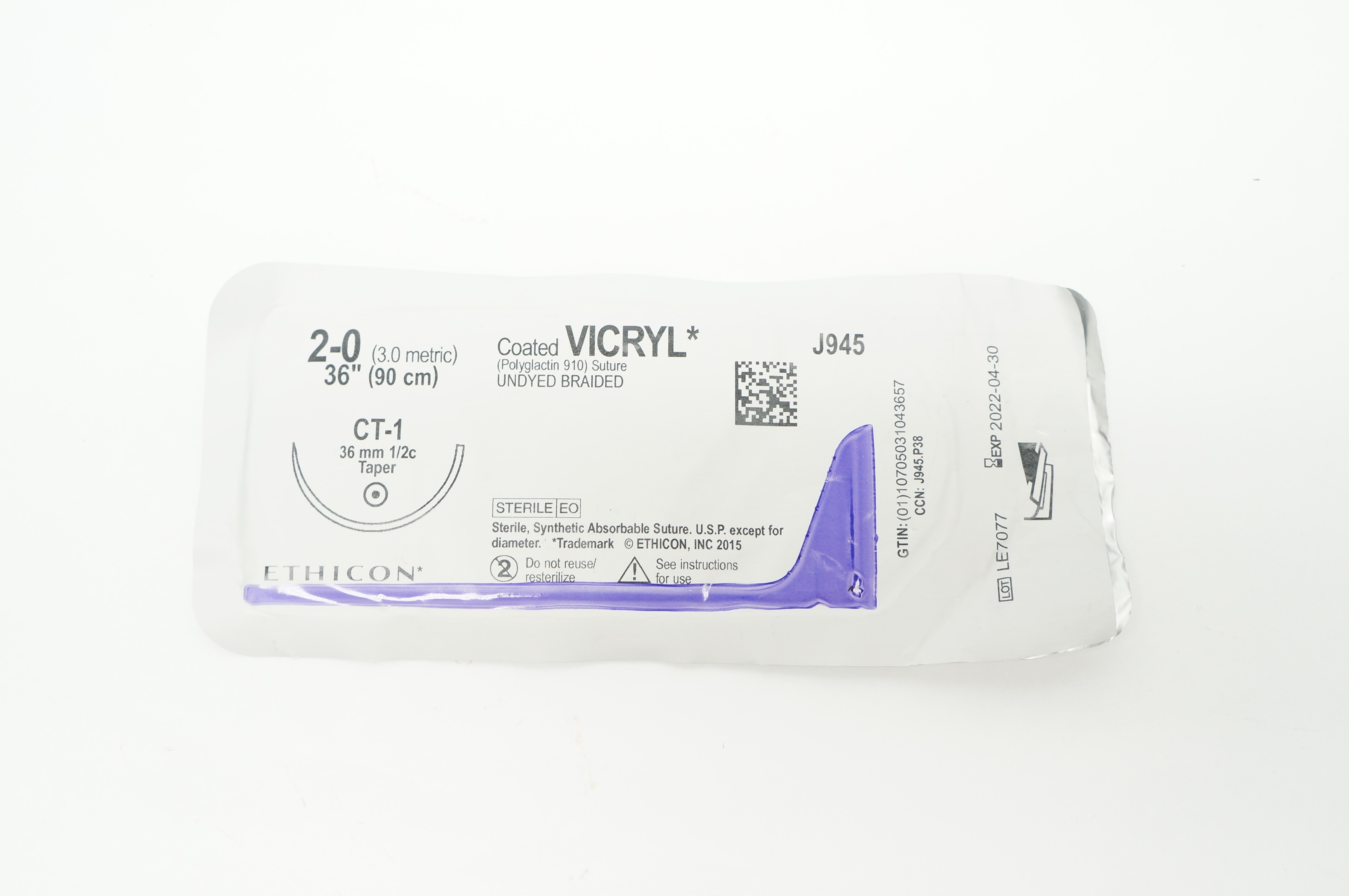 Ethicon J945 2-0 Coated VICRYL CT-1 36mm 1/2c Taper 36 inch