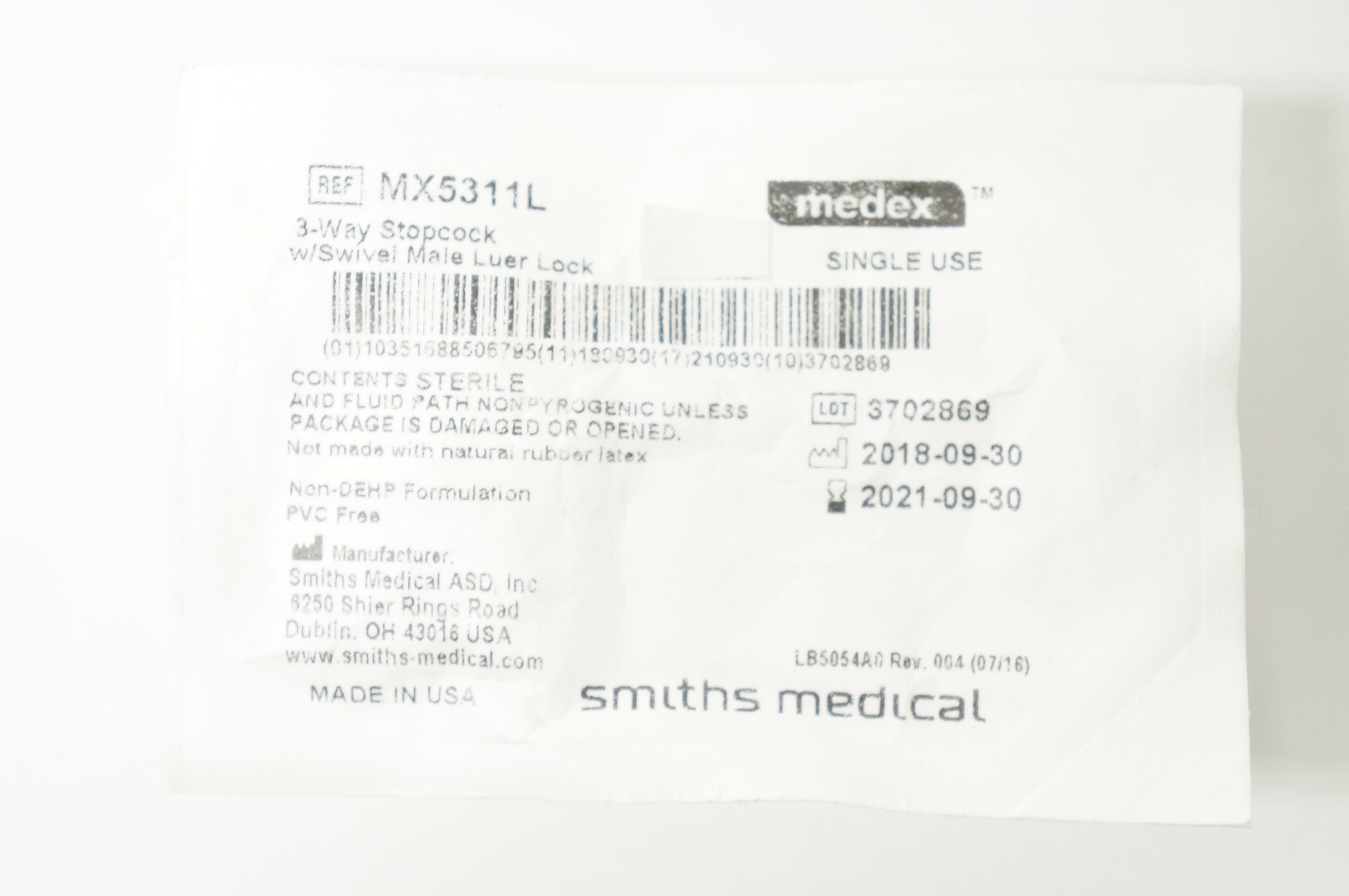 Smiths Medical MX5311L Medex 3-Way Stopcock with Swivel Male Luer Lock (x)
