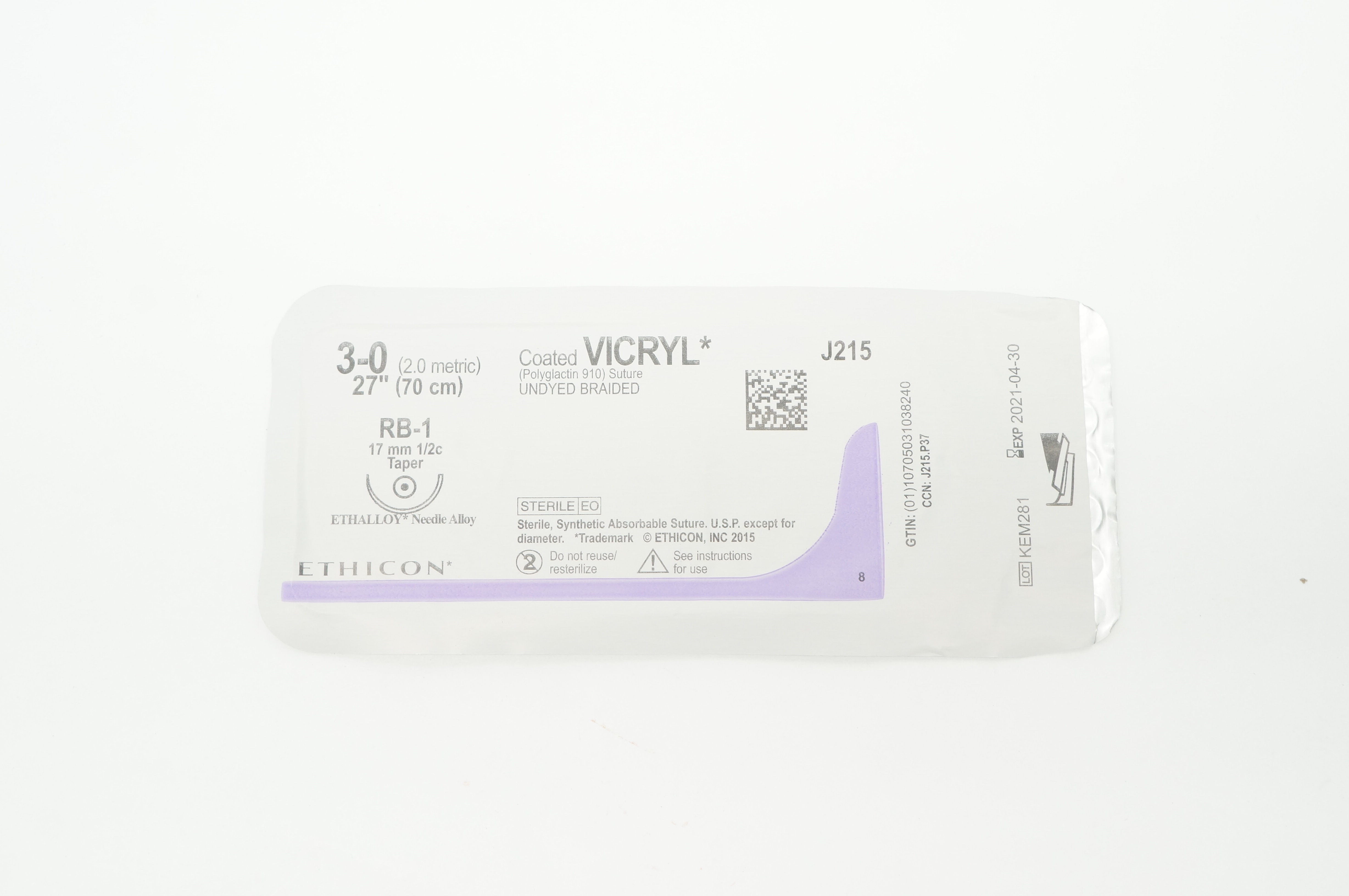 Ethicon J215 3-0 VICRYL RB-1 17mm 1/2c Taper 27inch (x)