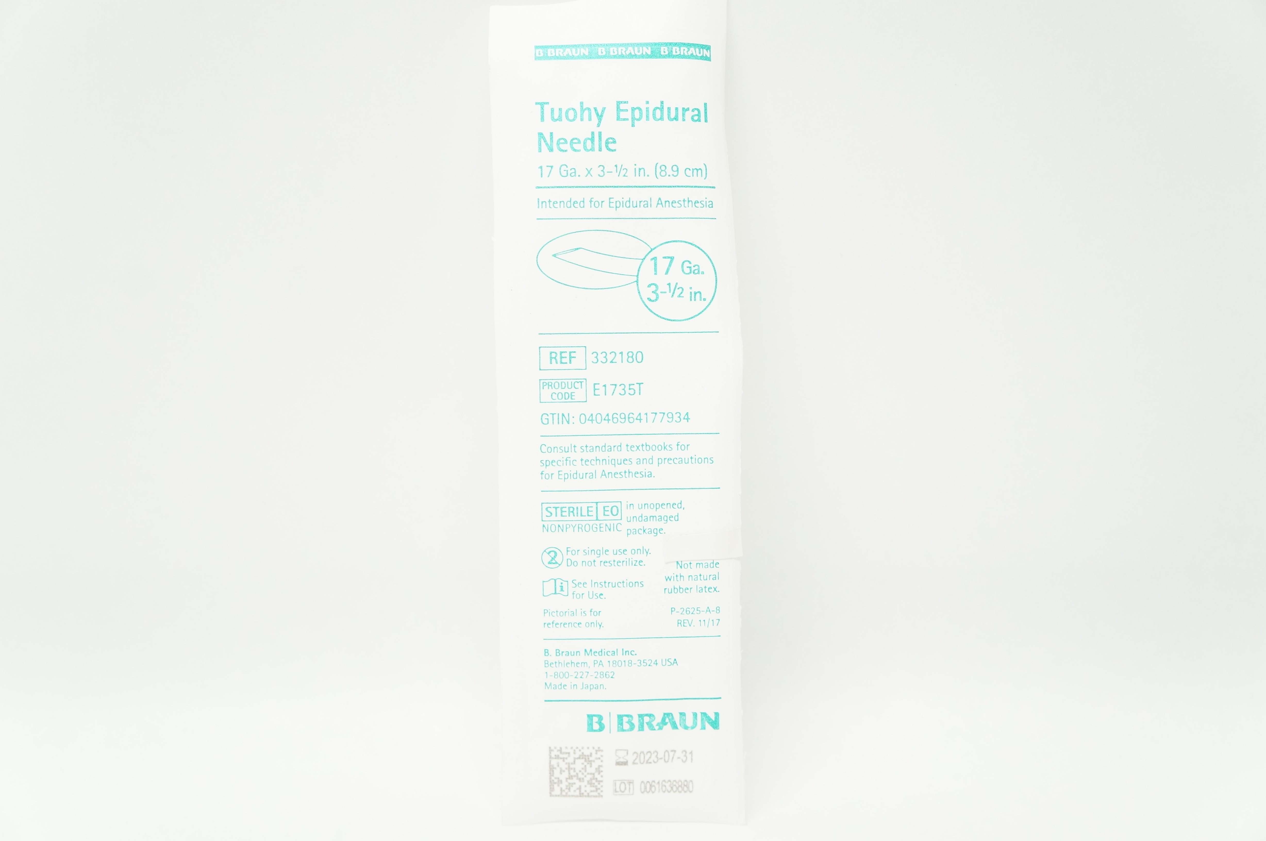 B.Braun 332180 Tuohy Epidural Ndle, 17G x 3-1/2inch