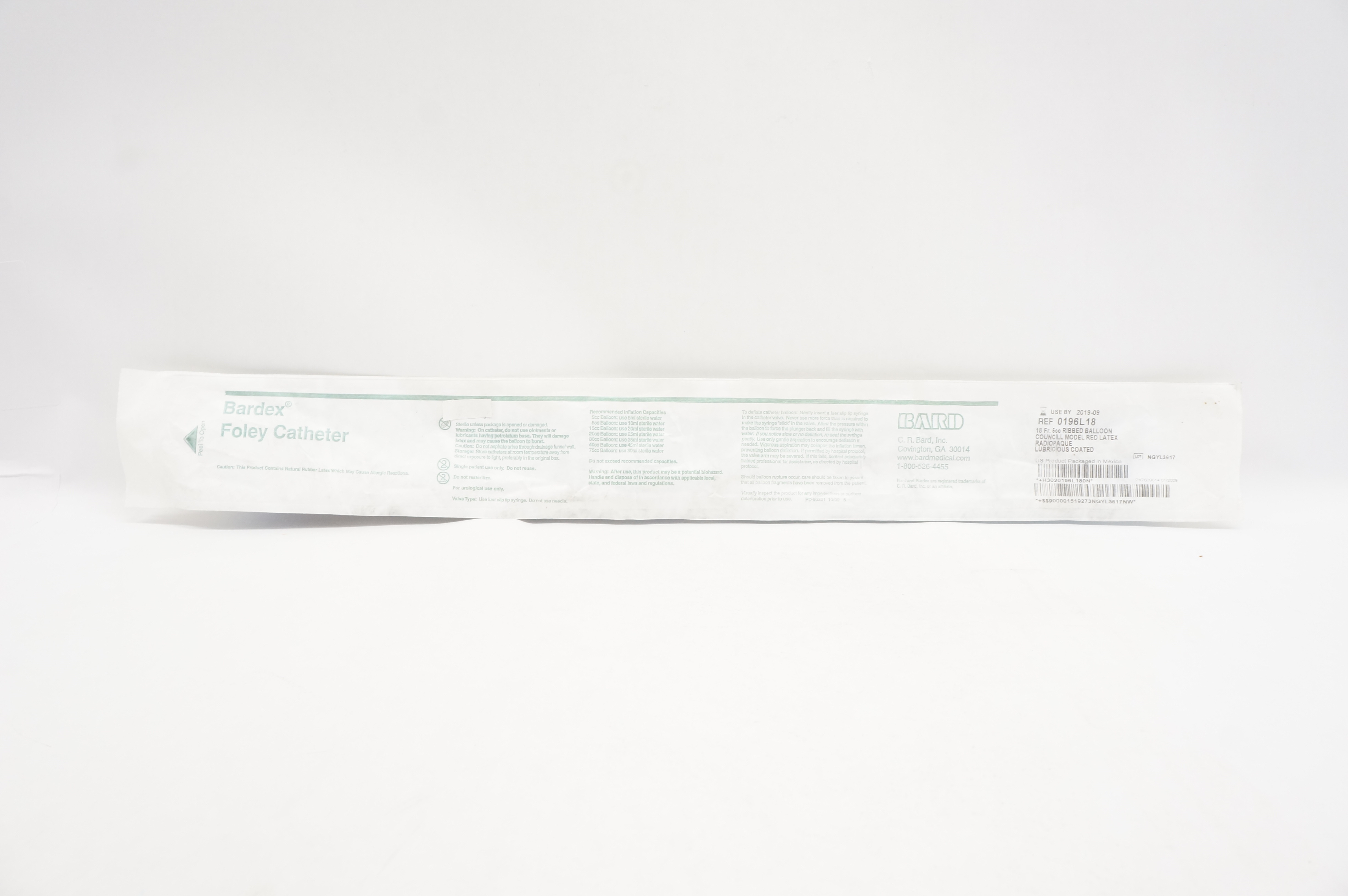 Bard 0196L18 Bardex Foley Cath. 18Fr 5cc Ribbed Balloon Councill Model Red (x)