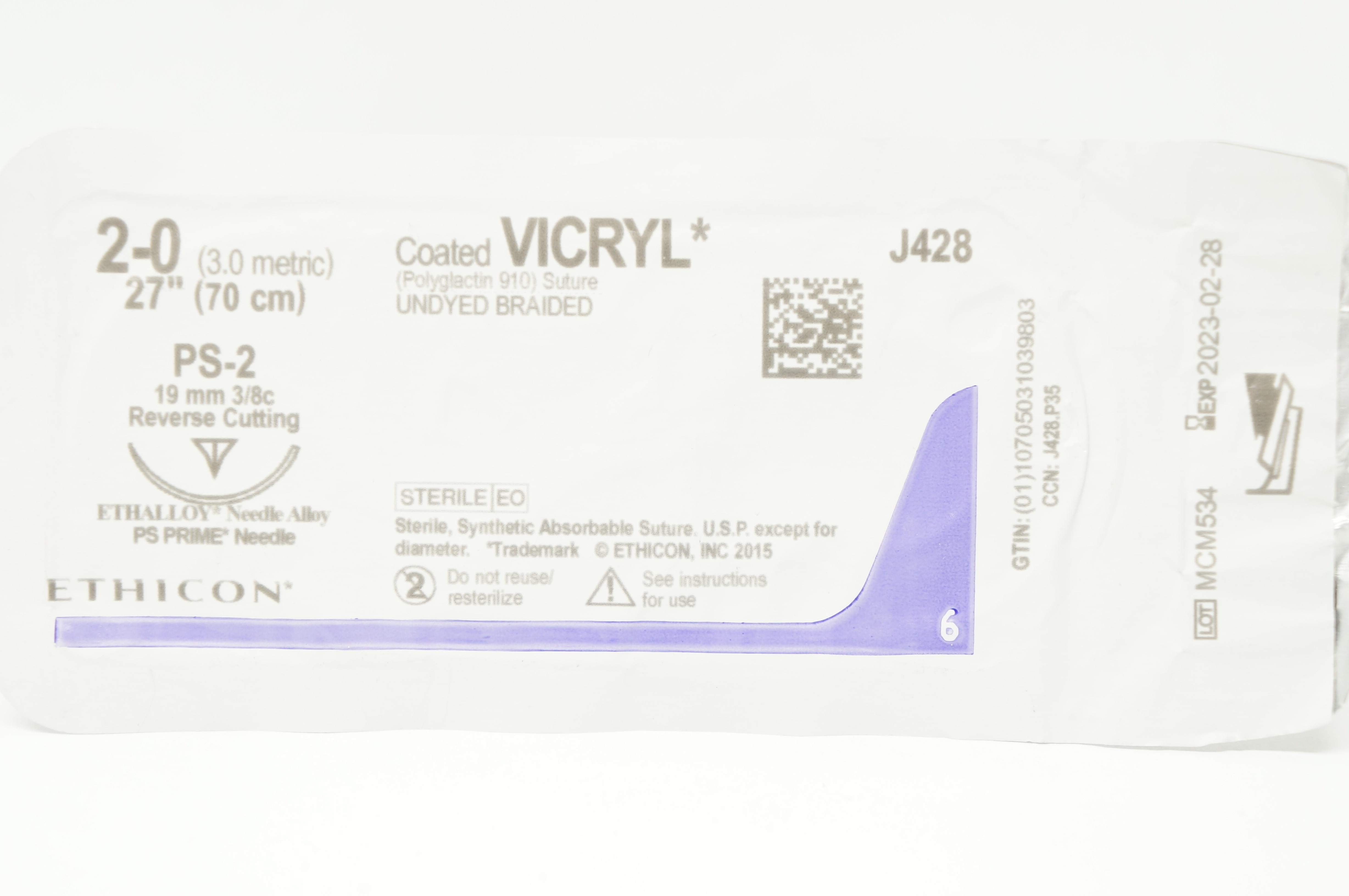 Ethicon J428 2-0 Coated Vicryl Stre PS-2 19mm 3/8c Reverse Cutting, 27inch