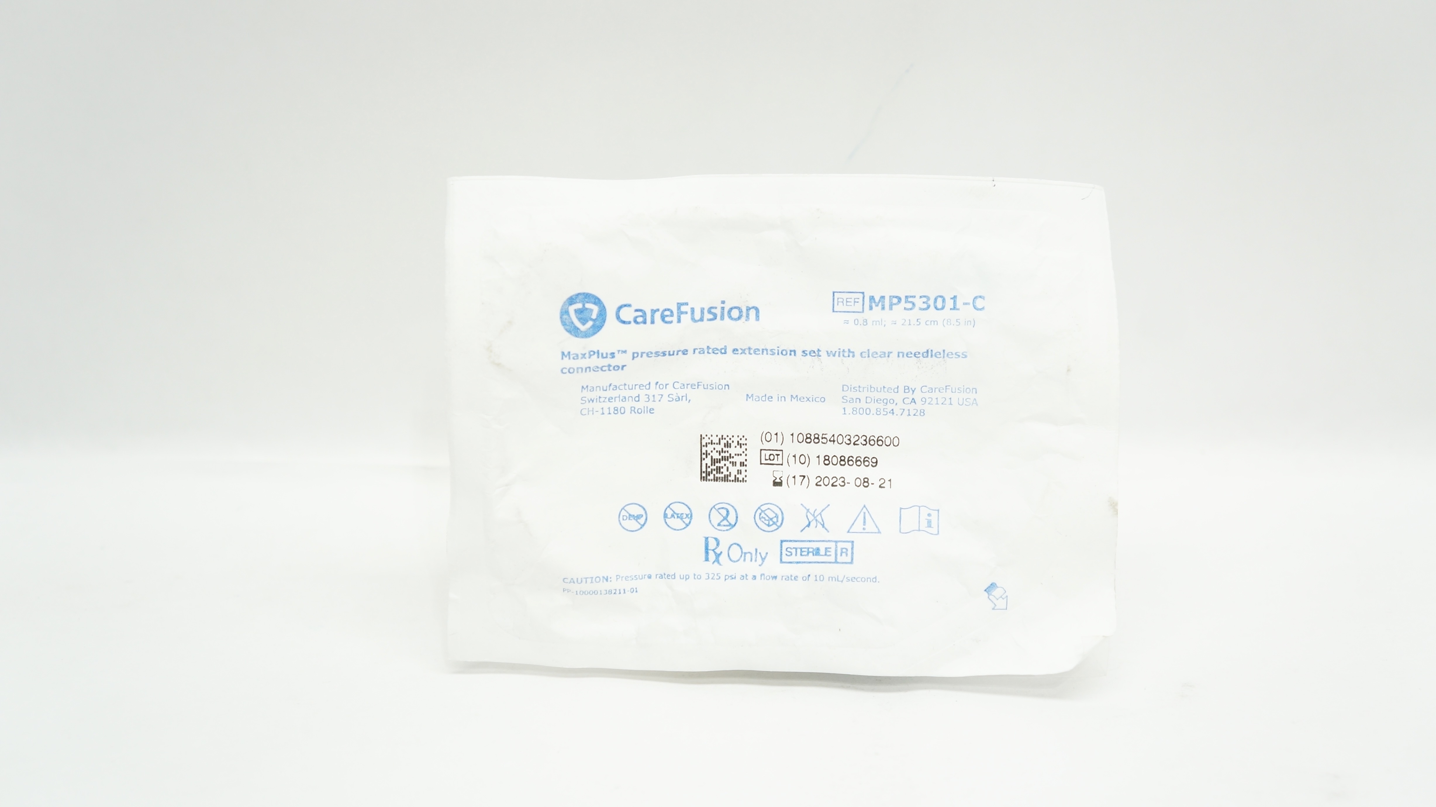 CareFusion MP5301-C MaxPlus Pressure Rated Extension Set 0.8ml x 8.5inch (x)