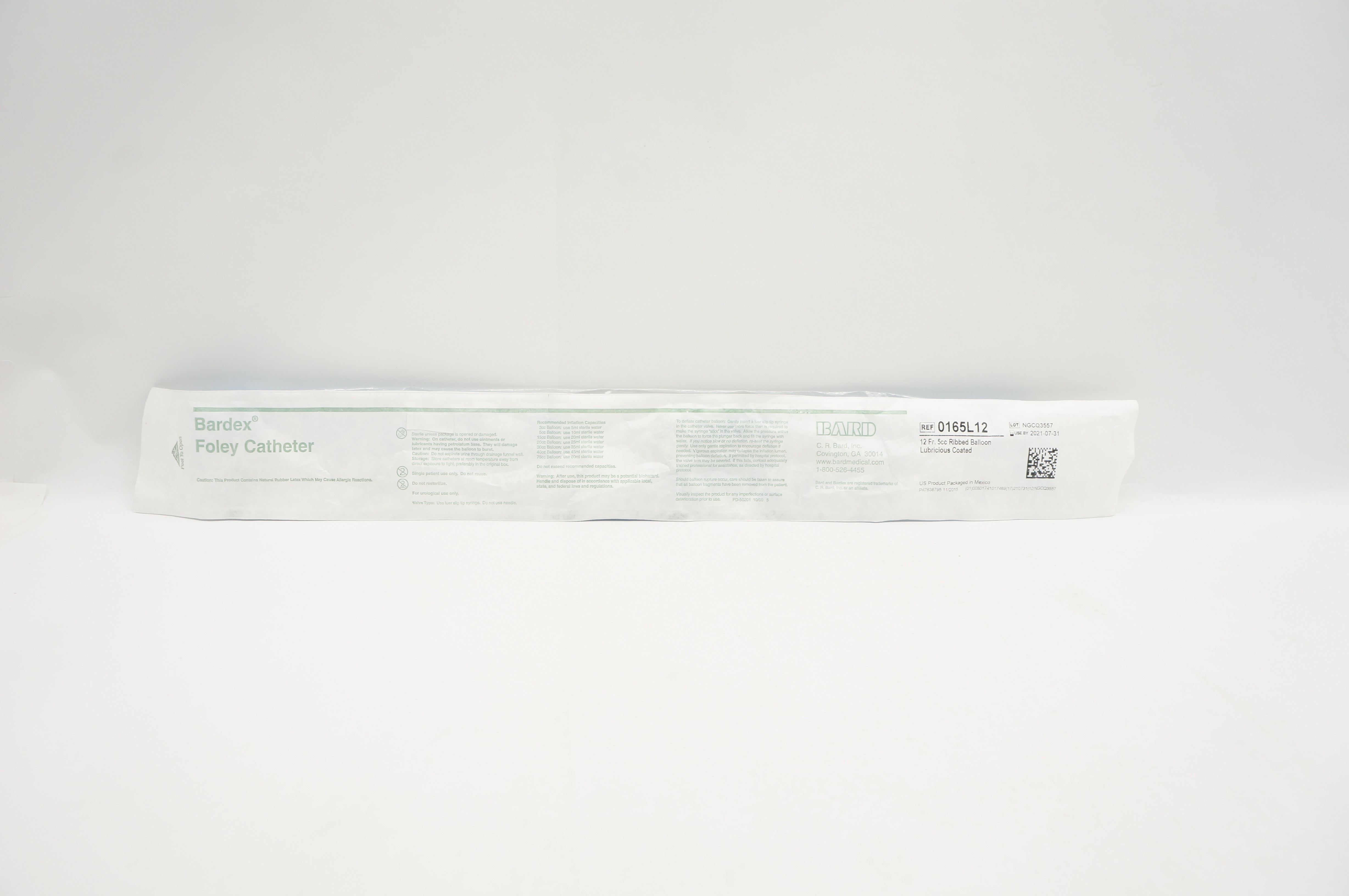Bard 0165L12 Bardex Foley Cath. Ribbed Balloon Lubricious Coated 12Fr x 5cc(x)