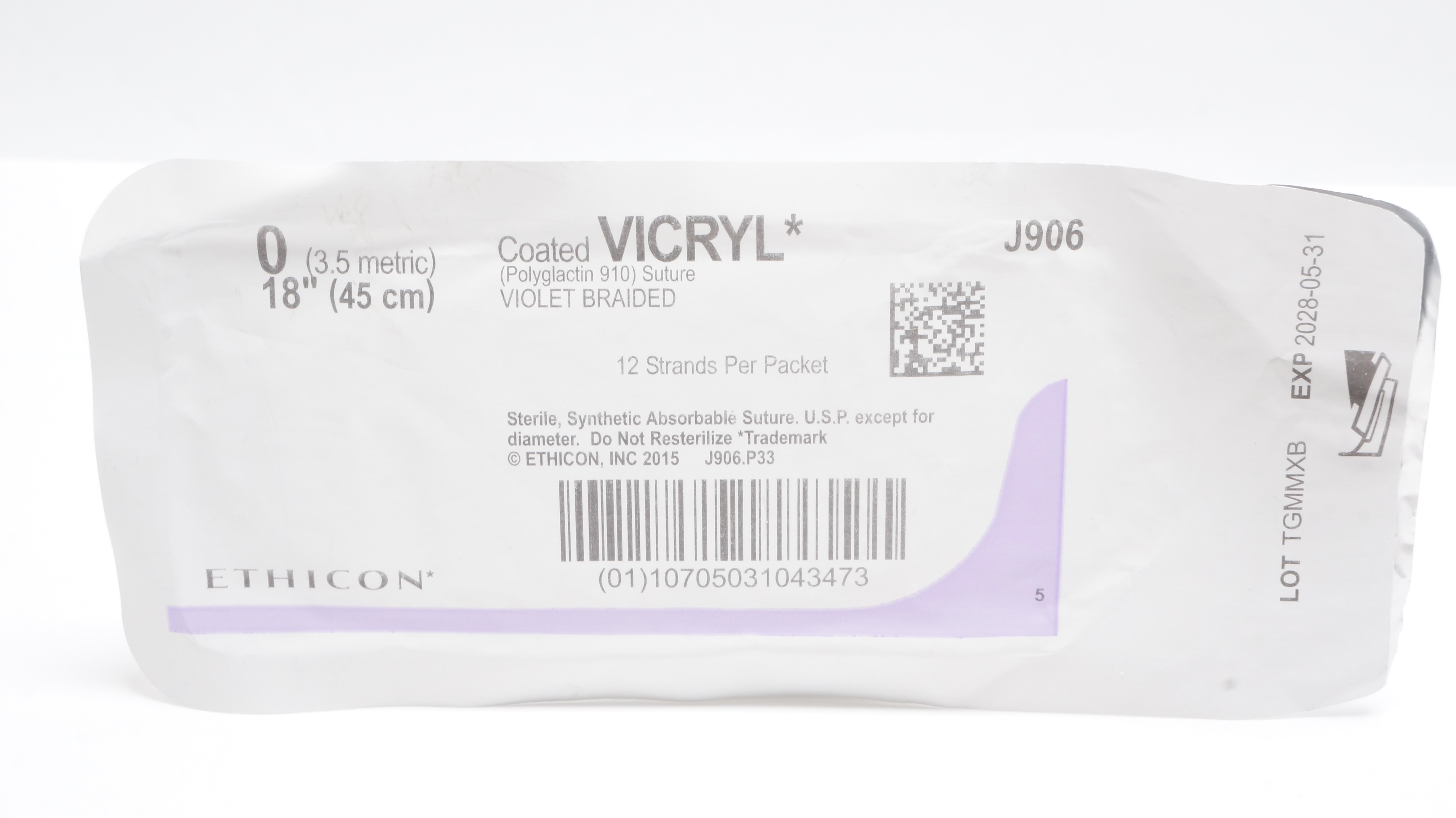 Ethicon J906 0 Coated VICRYL Polyglactin 910 Violet Braided Stre, 18inch