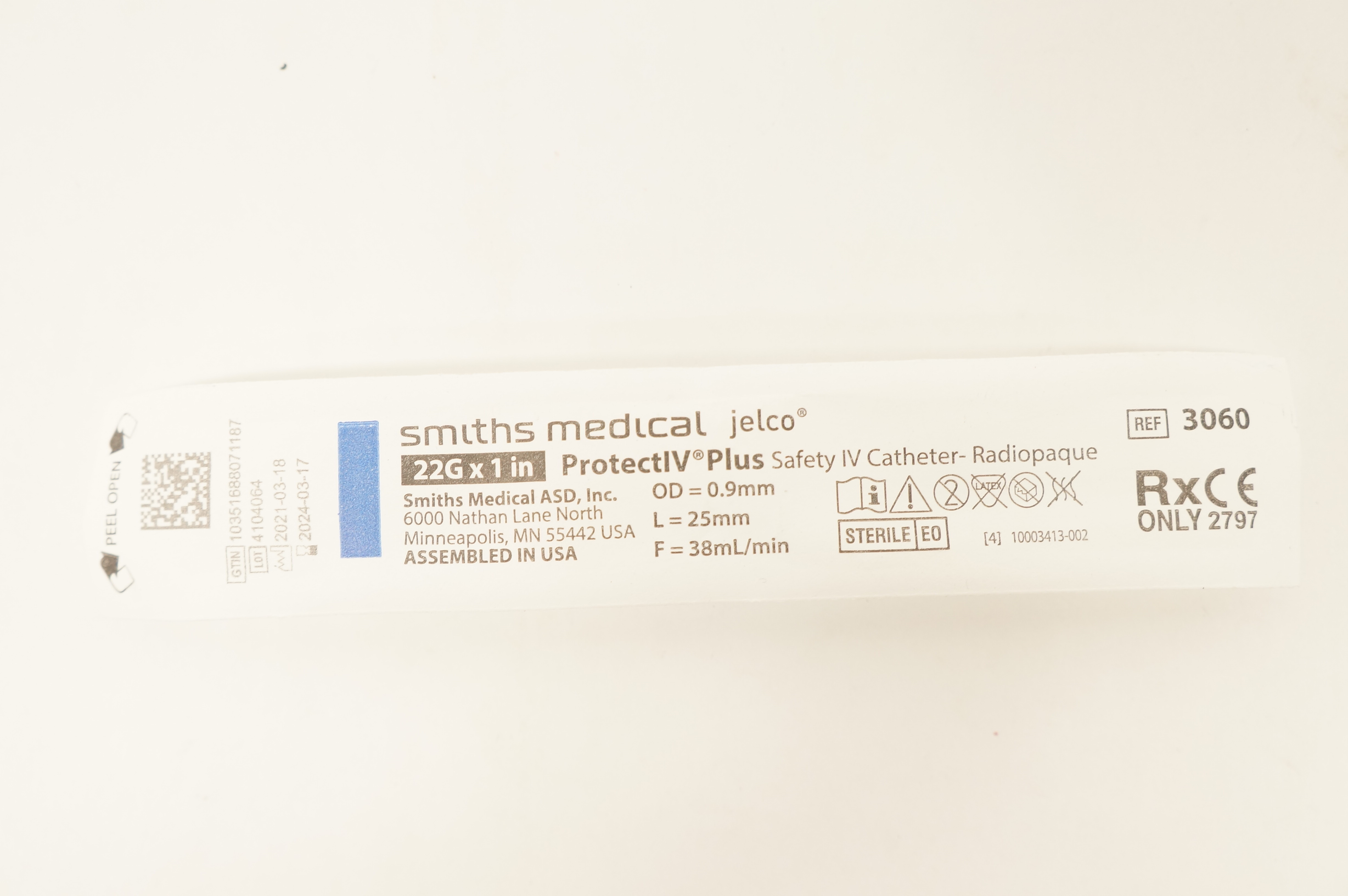 Smiths Medical 3060 Jelco ProtectIV Plus Safety Cath. 22G x 1inch, 38ml/min