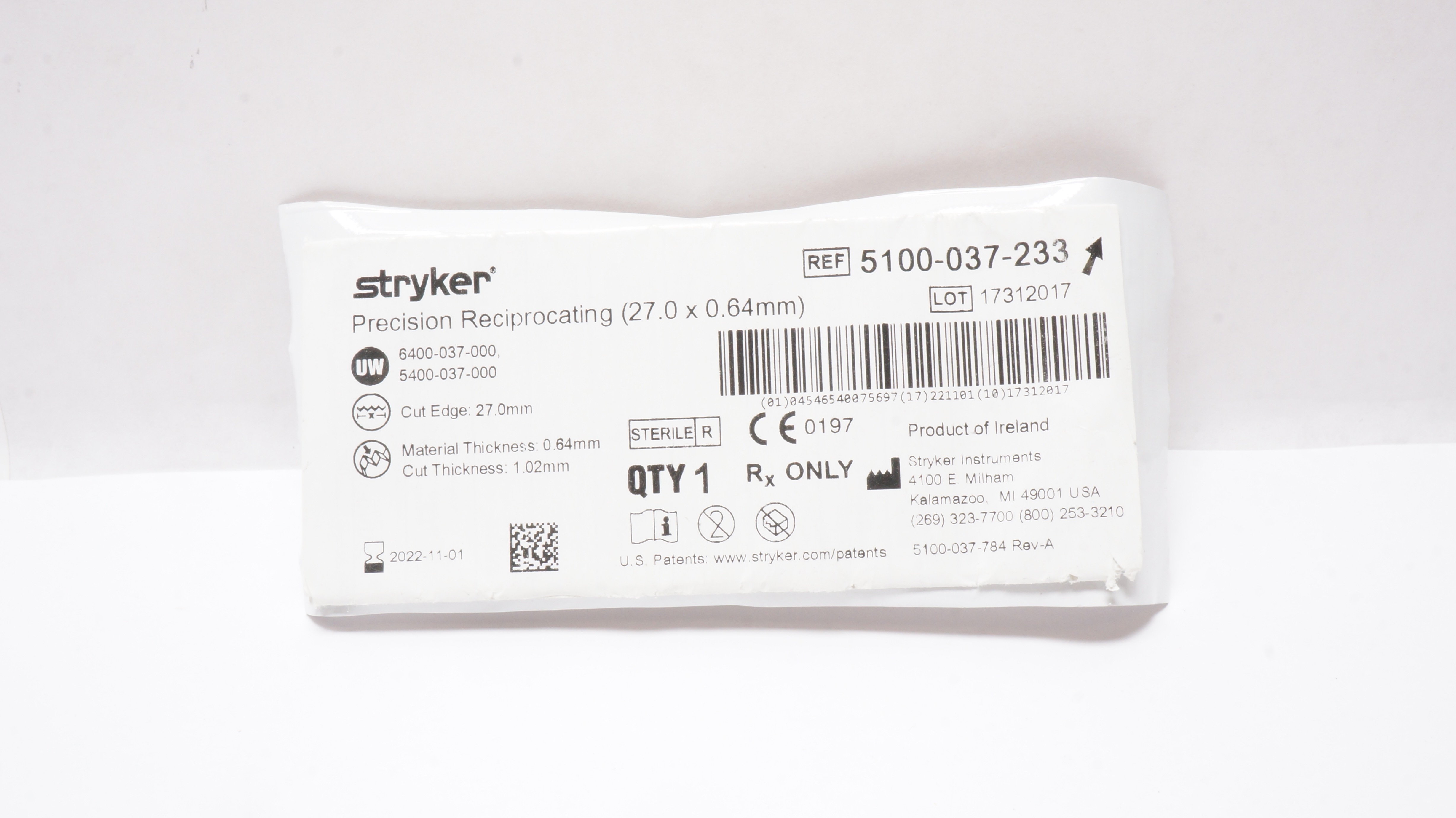 Stryker 5100-037-233 Precision Reciprocating Saw Blade 27.0mm x 0.64mm (x)