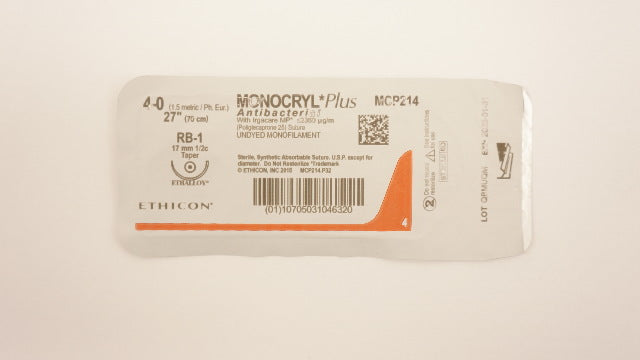 Ethicon MCP214 4-0 Monocryl Plus Antibacterial Stre RB-1 17mm 1/2c Taper 27 inch