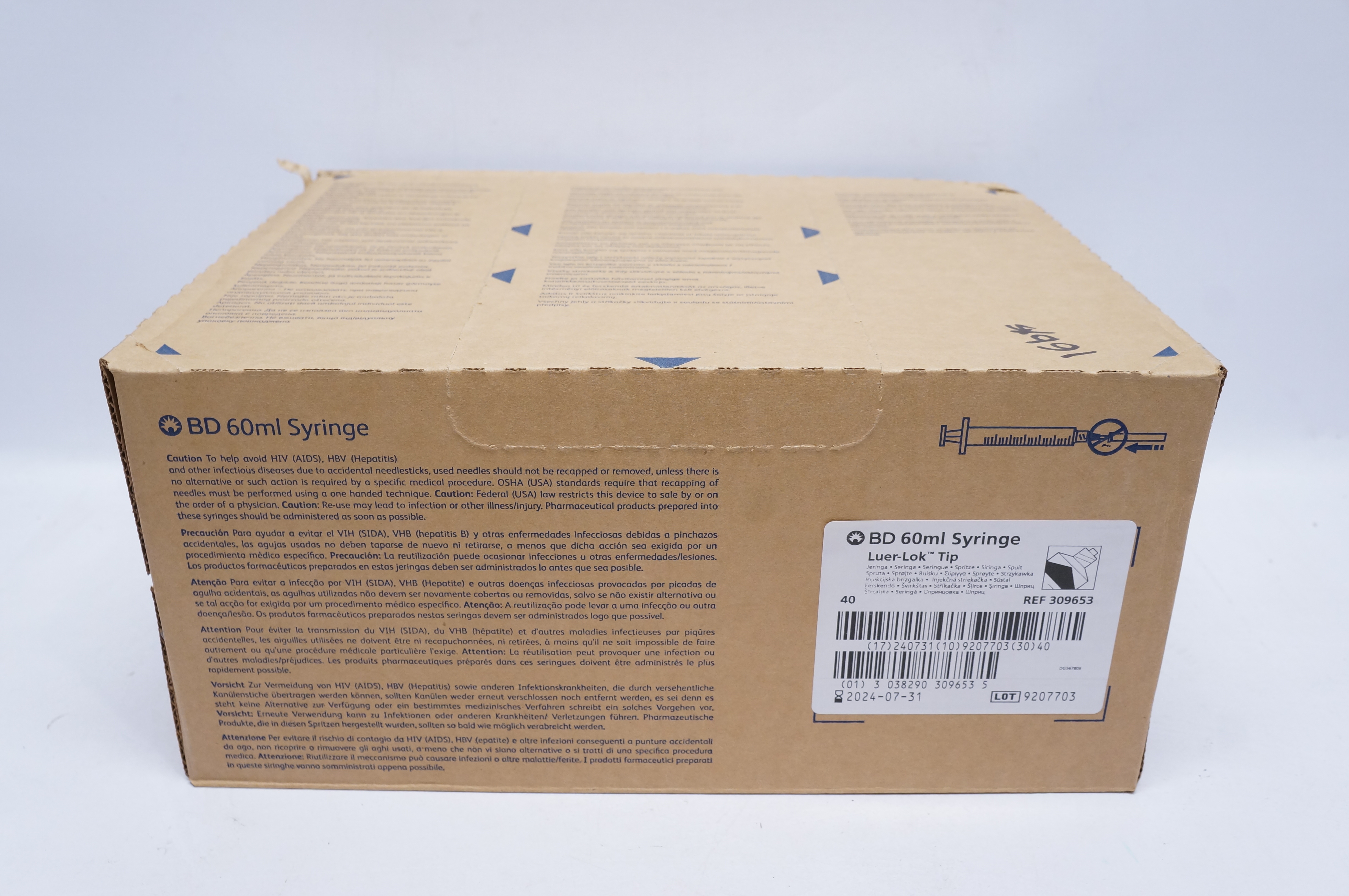 BD 309653 Luer-Lok Tip Syringe 60ml - Box of 40