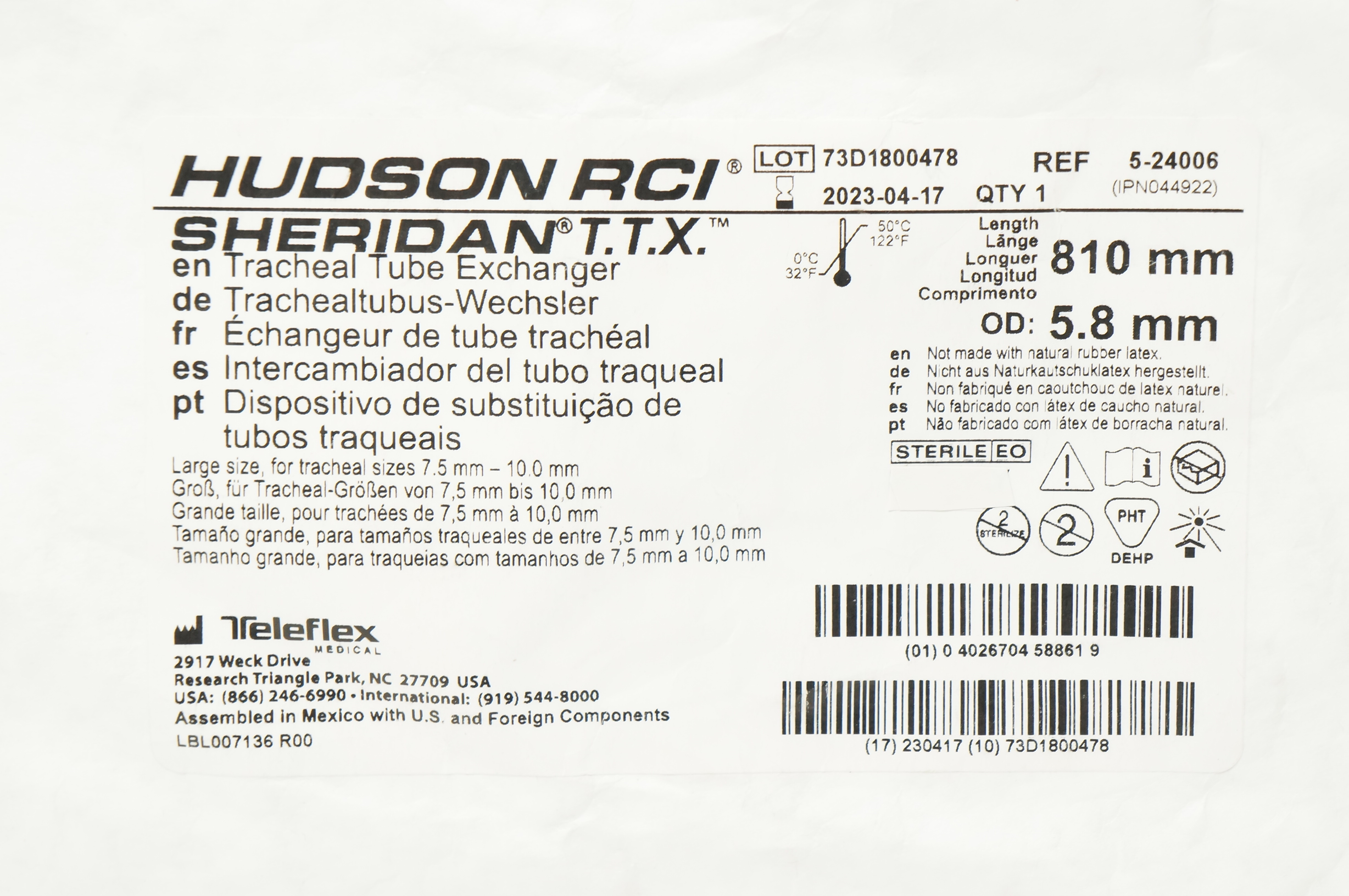 Teleflex 5-24006 Hudson RCI Sheridan T.T.X. Tracheal Tube Exchanger 810 x 5.8mm