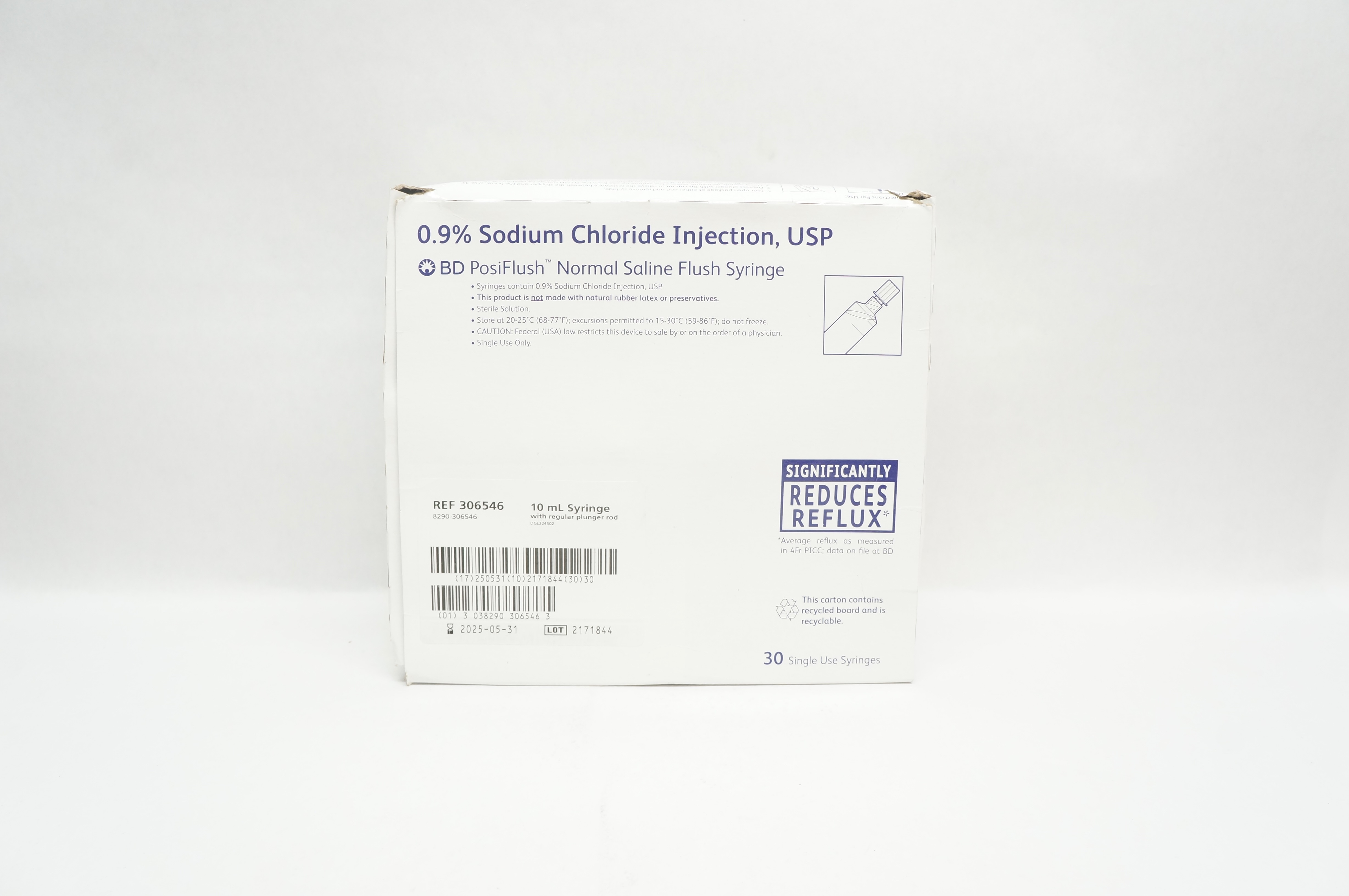 BD 306546 0.9% Sodium Chloride Injection USP Syringe 10mL - Box of 30