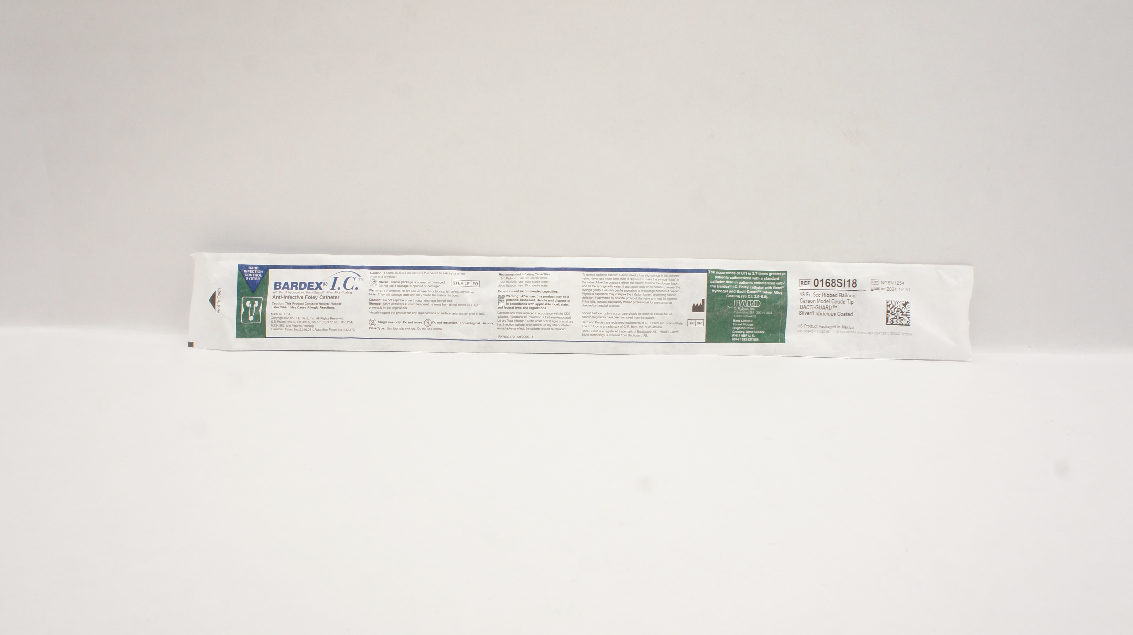 Bard 0168SI18 Anti-Infective Foley Cath. 18Fr 5cc Ribbed Balloon Carson Model