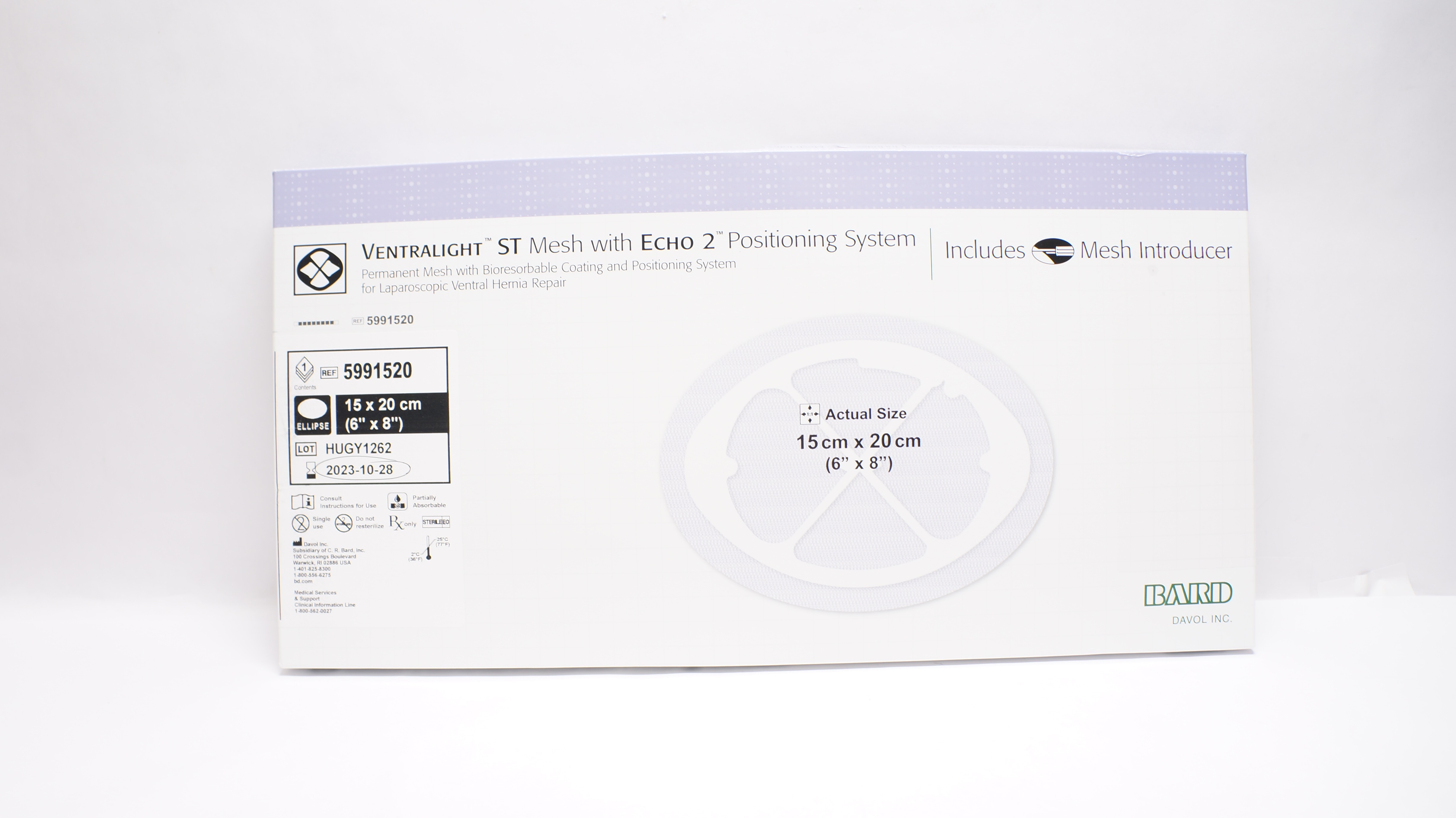 Bard 5991520 Ventralight ST Mesh w/Echo2 Positioning System Ellipse 6 x 8inch(x)