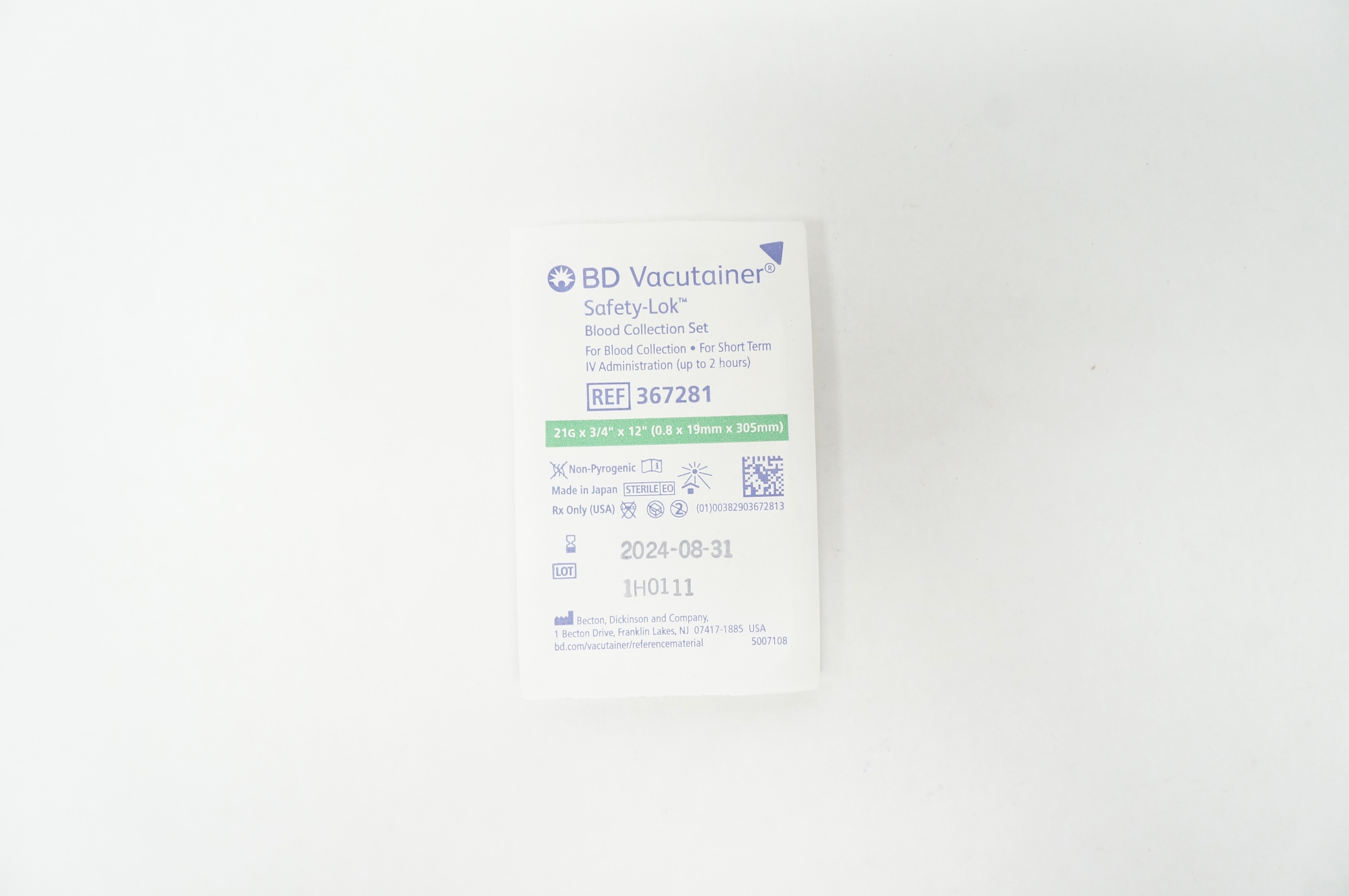 BD 367281 Vacutainer Safety-Lok Blood Collection Set 21G x 3/4inch x 12inch