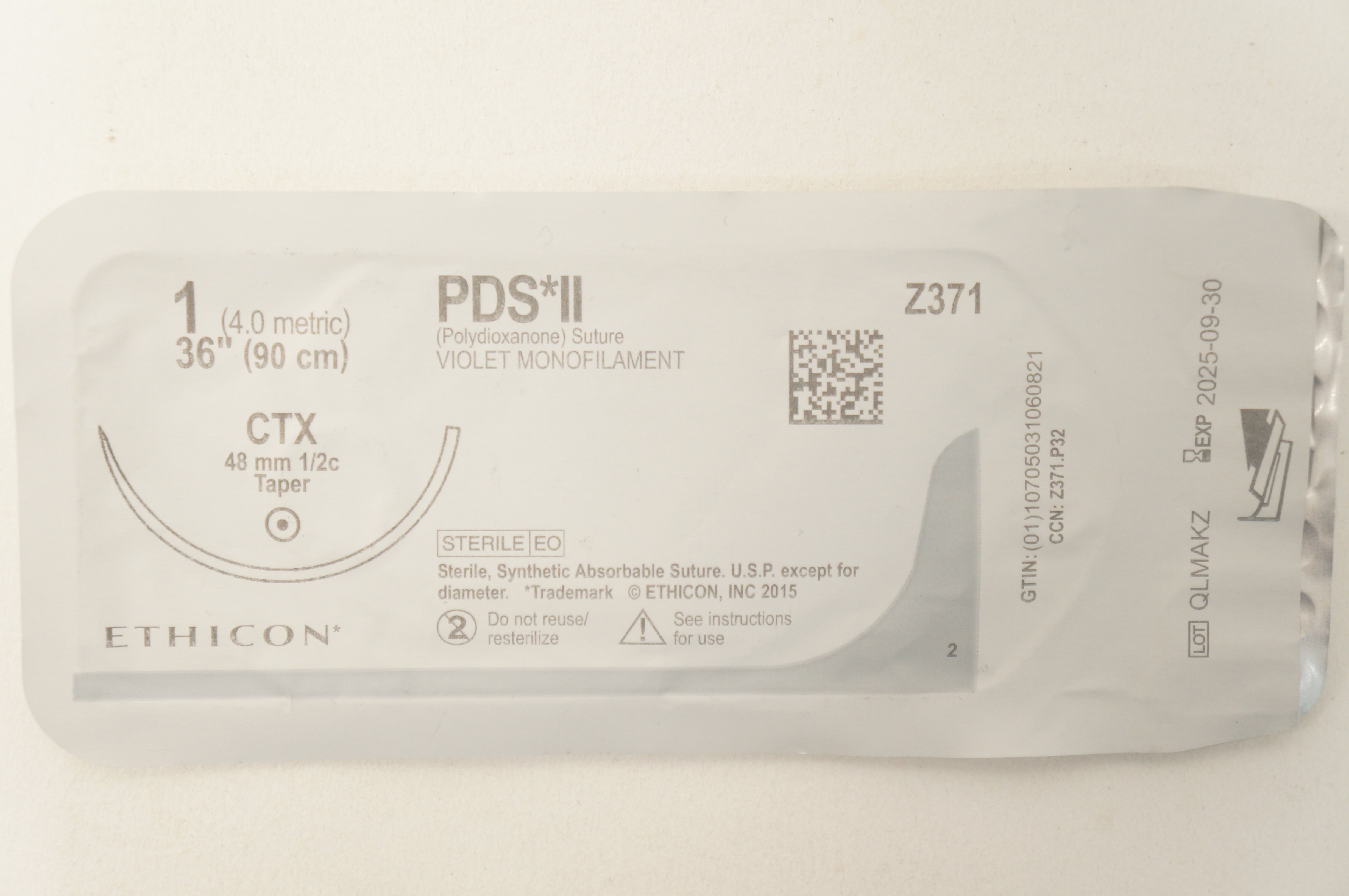 Ethicon Z371 1 PDS II Polydioxanone Stre CTX 48mm 1/2c Taper 36inch