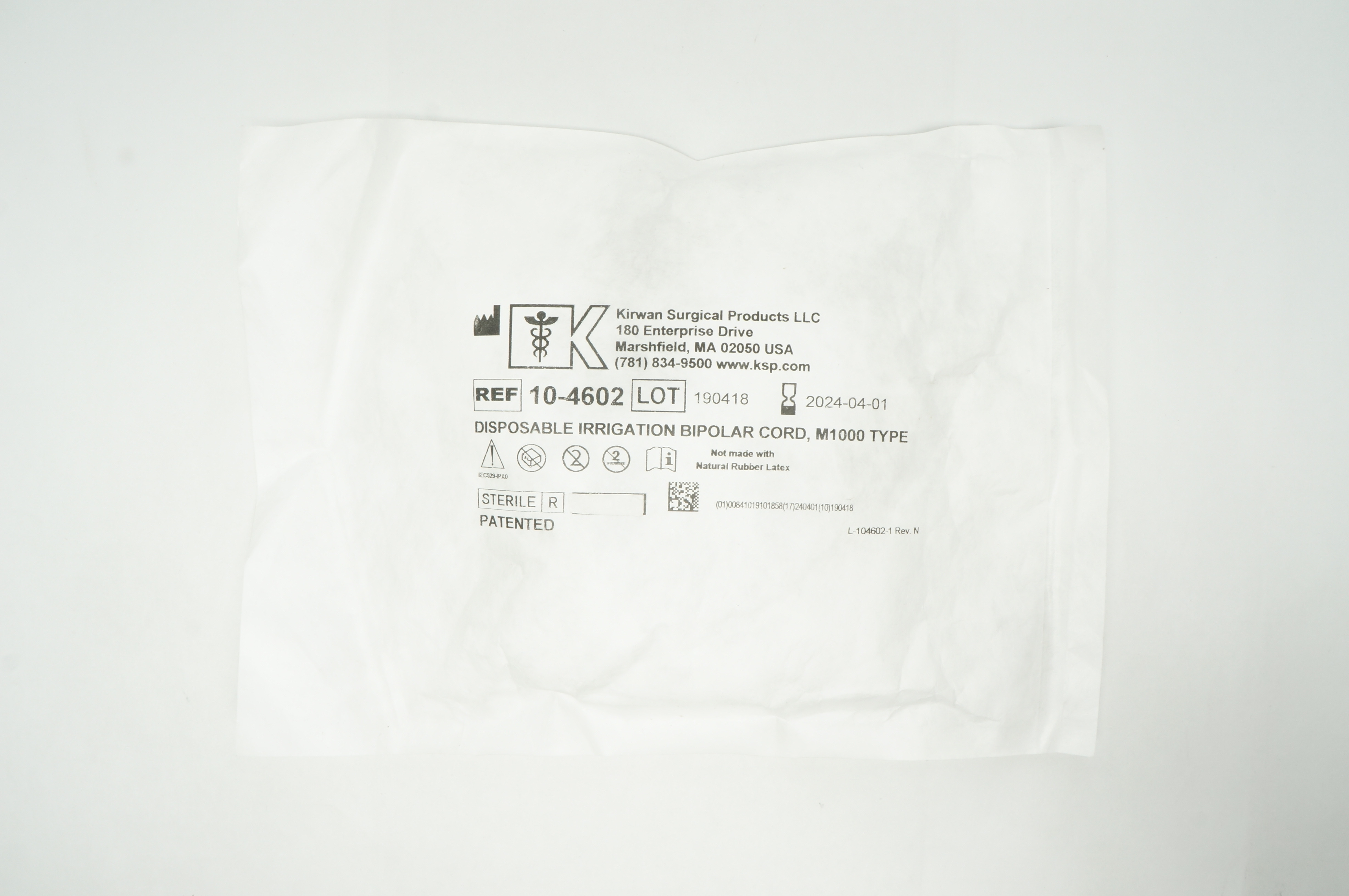 Kirwan Surgical 10-4602 Disposable Irrigation Bipolar Cord, M1000 Type