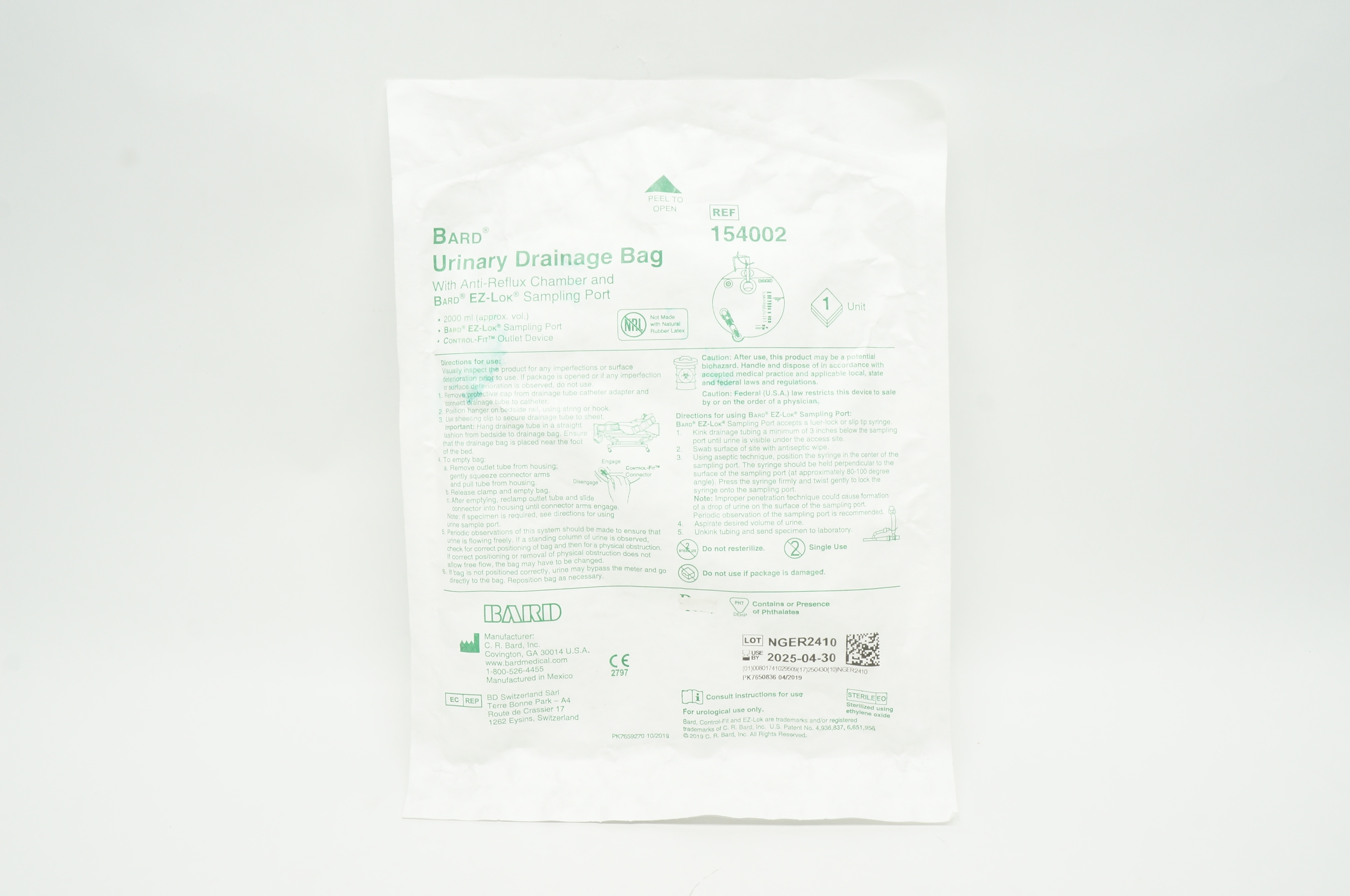 Bard 154002 Urinary Drainage Bag with Anti-Reflux Chamber & Sampling Port 2000ml