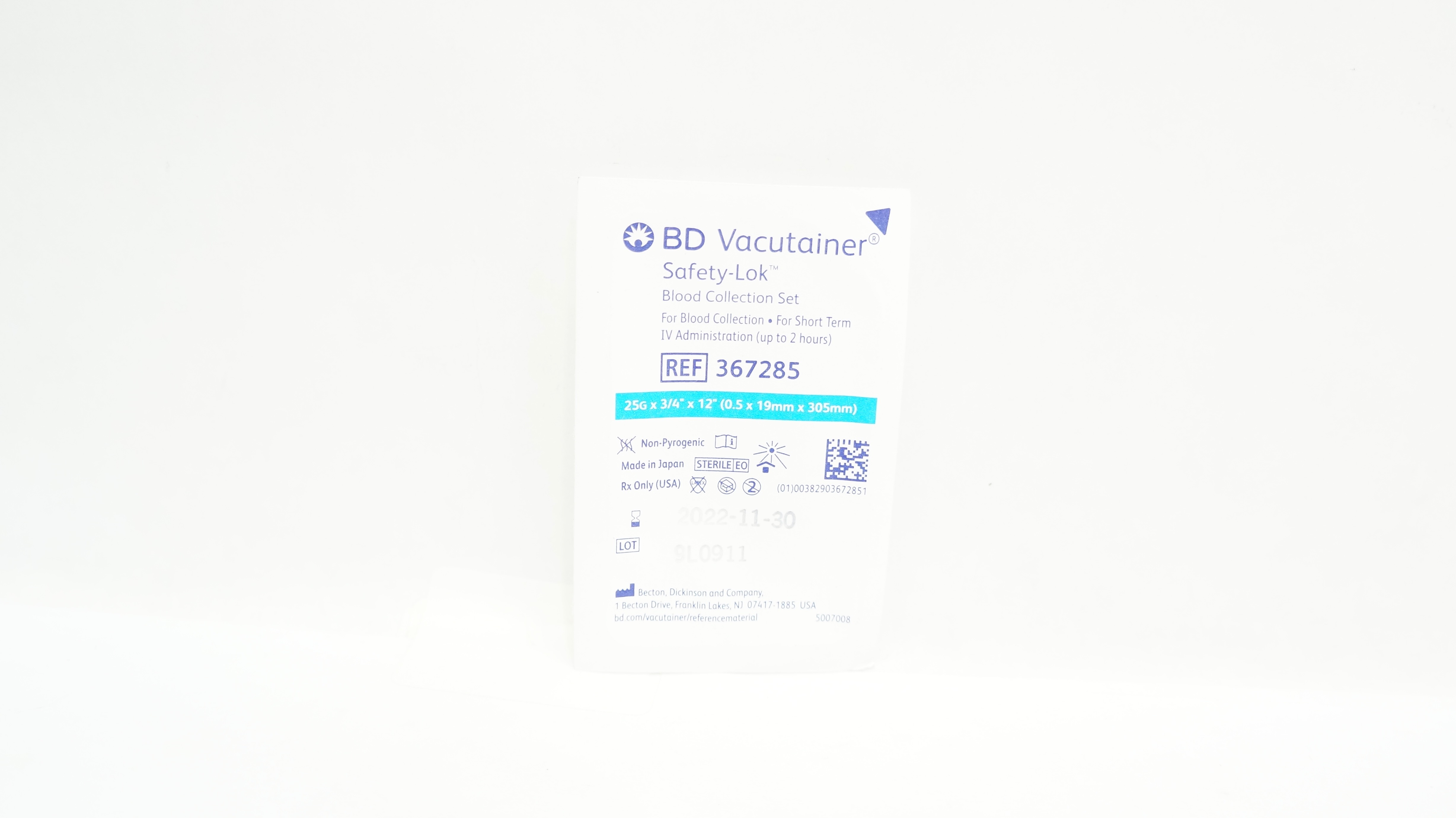 BD 367285 Vacutainer Safety-Lok Blood Collection Set 25G x 3/4 x 12inch