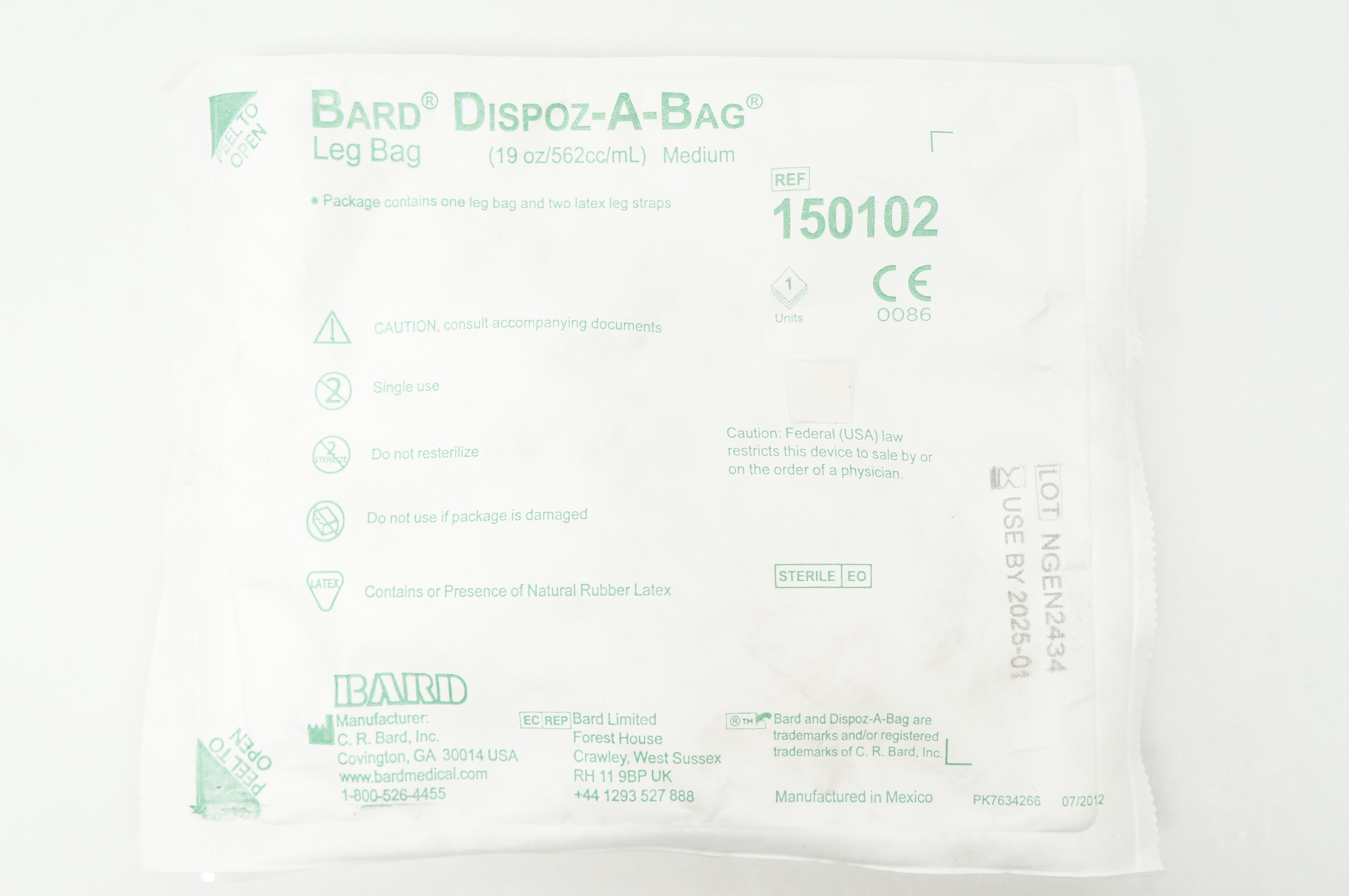 Bard 150102 Dispoz-A-Bag Leg Bag 19oz/562cc/mL Medium