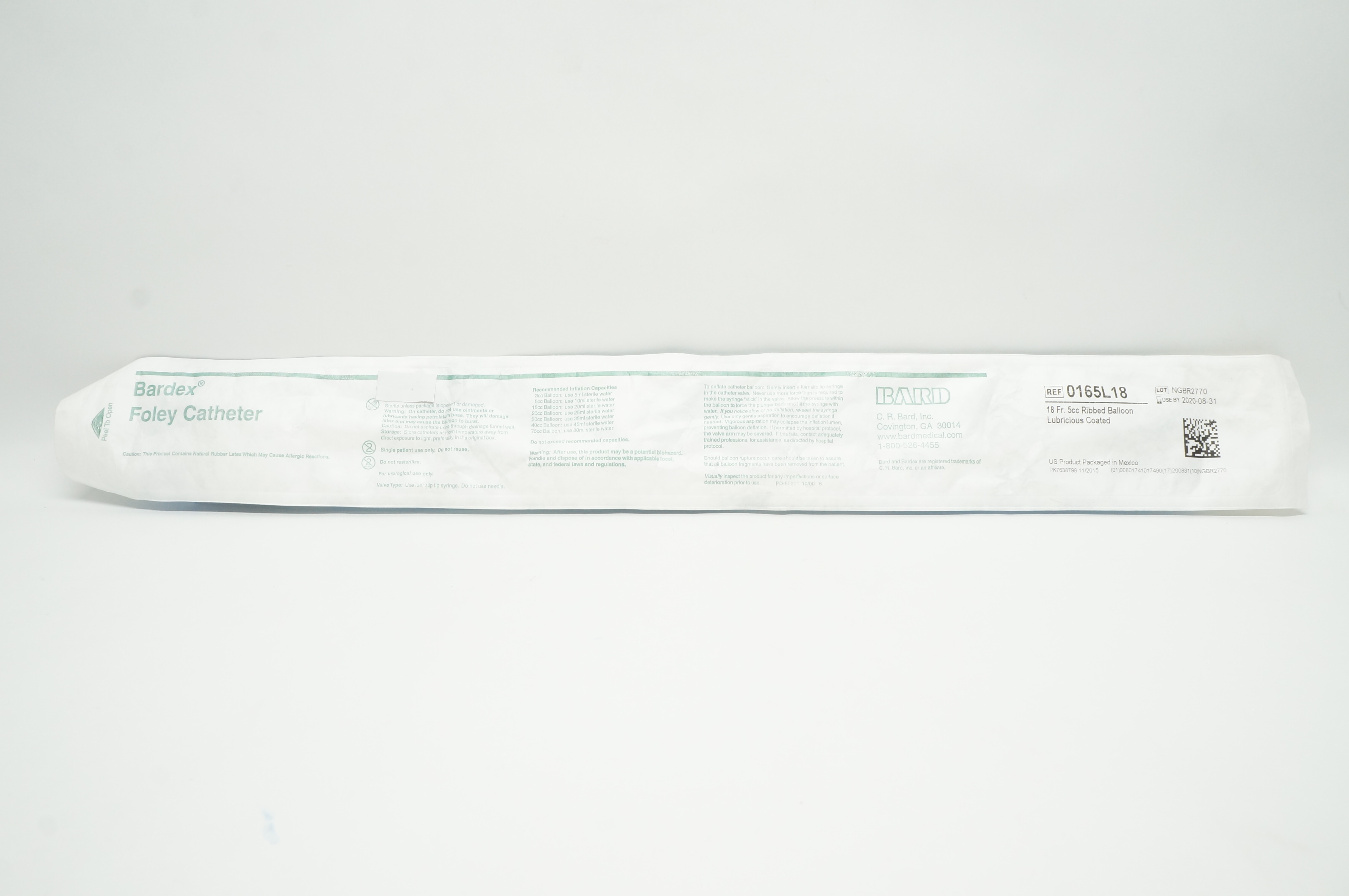 Bard 0165L18 Bardex Foley Cath. 18 Fr. 5cc Ribbed Balloon Lubricious Coated