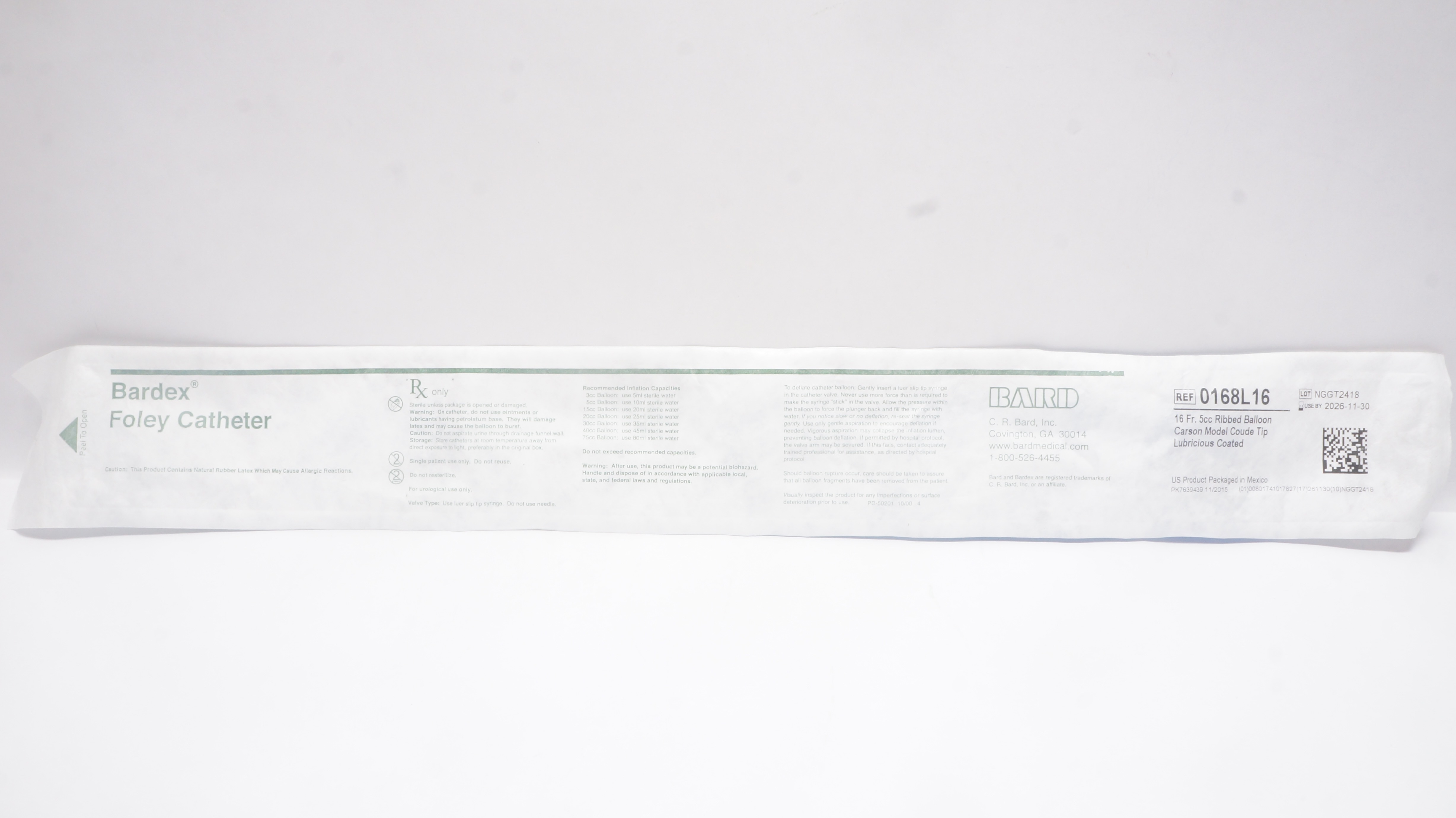 Bard 0168L16 Bardex Foley Cath. Ribbed Balloon Carson Model Coude Tip, 16Fr. 5cc