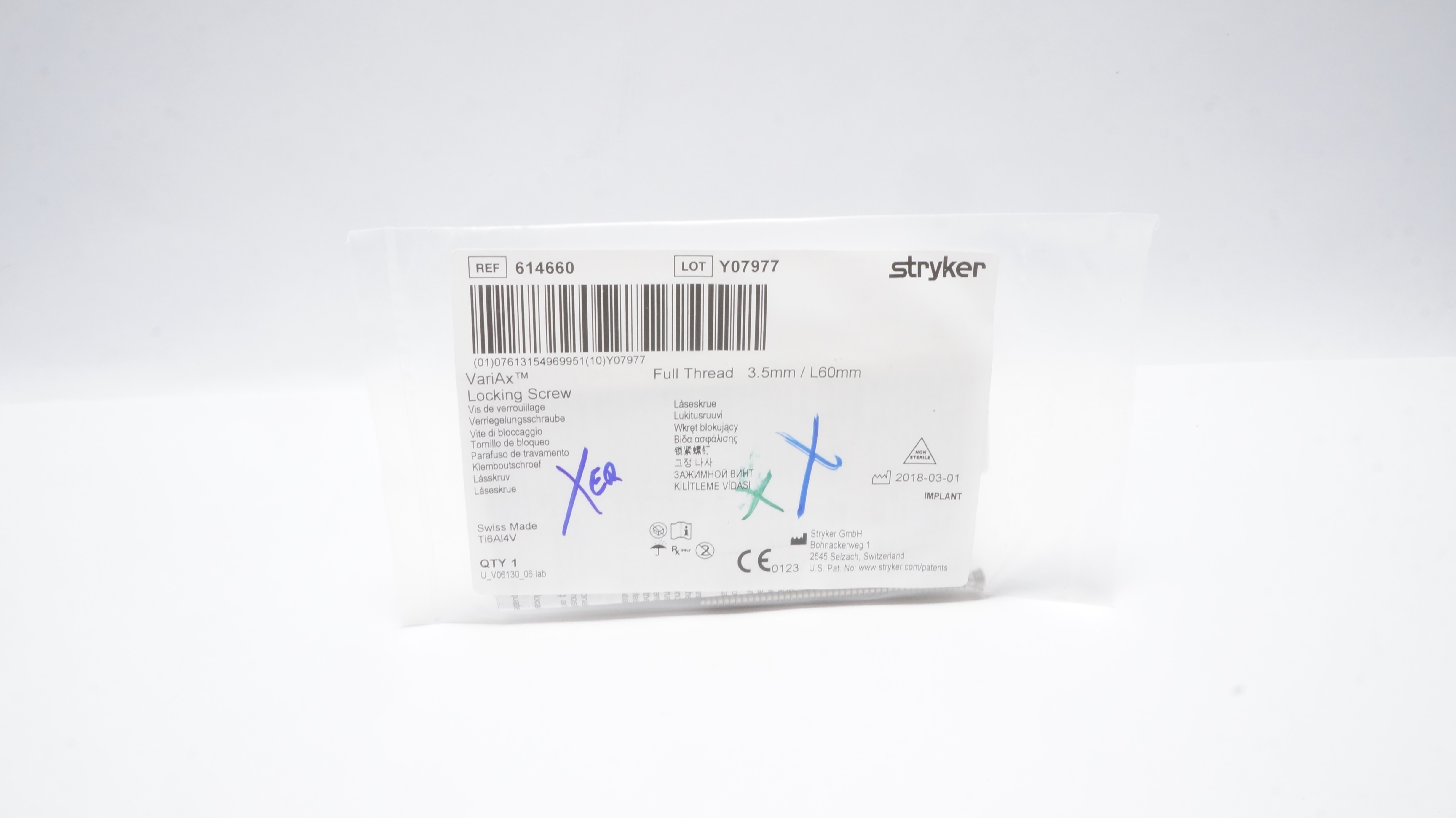 Stryker 614660 VariAx Locking Screw , Full Thread 3.5mm/ L60mm