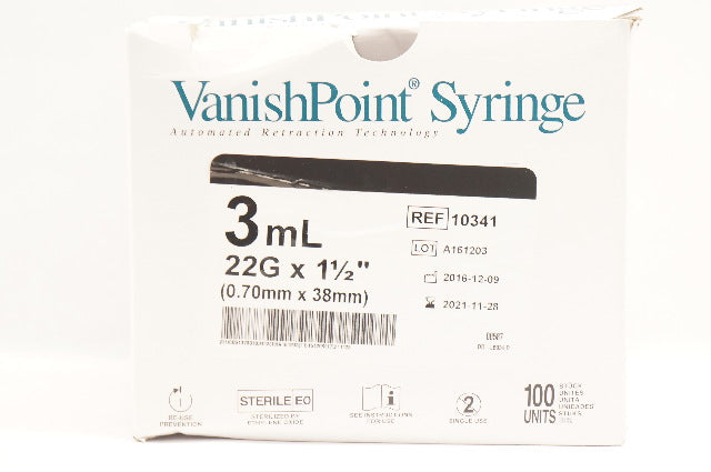 Retractable 10341 VanishPoint Syringe 3ml 22G x 1-1/2 inch - Box of 100 (x)