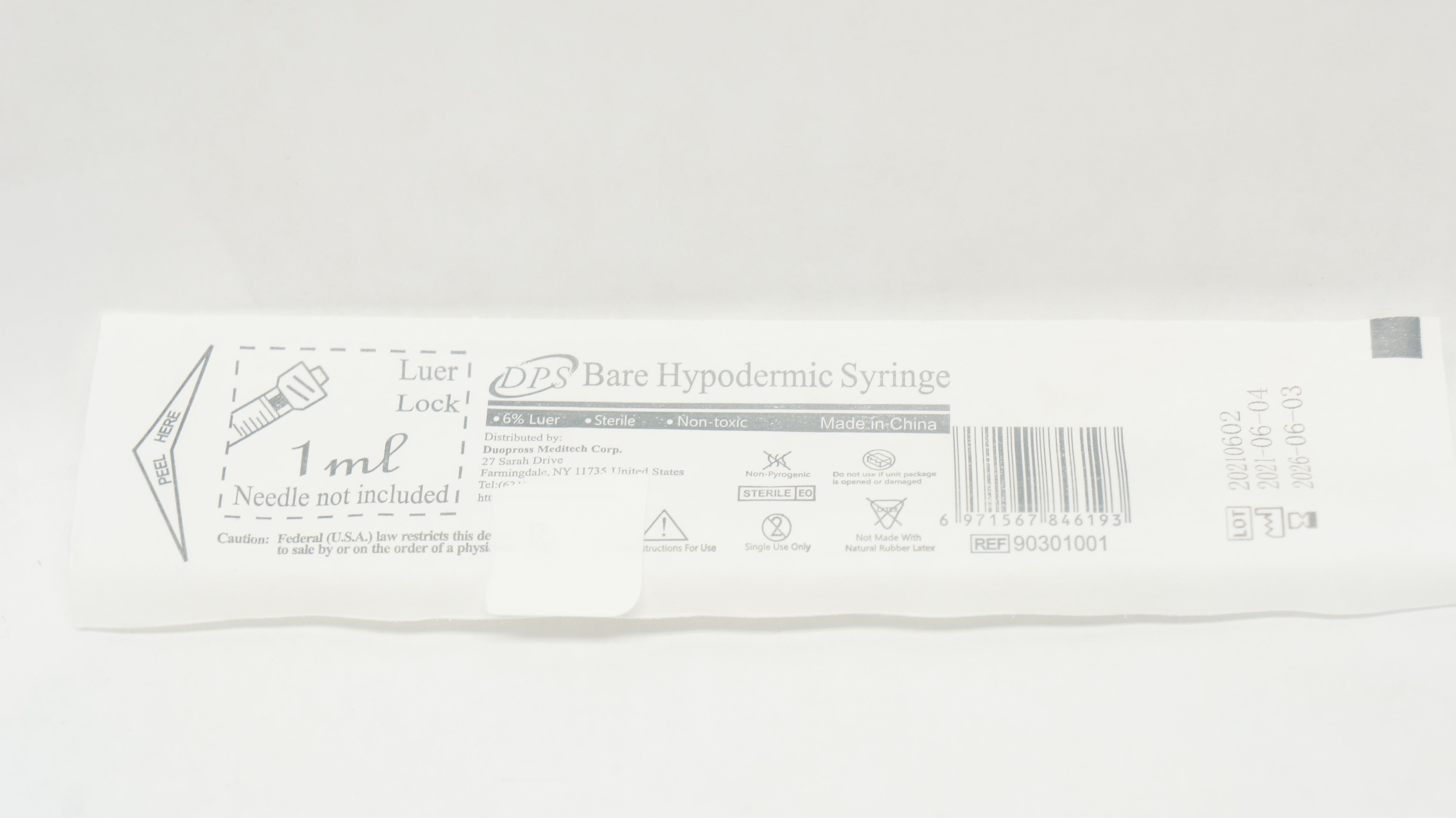 DPS 90301001 Bare Hypodermic Syringe 1ml
