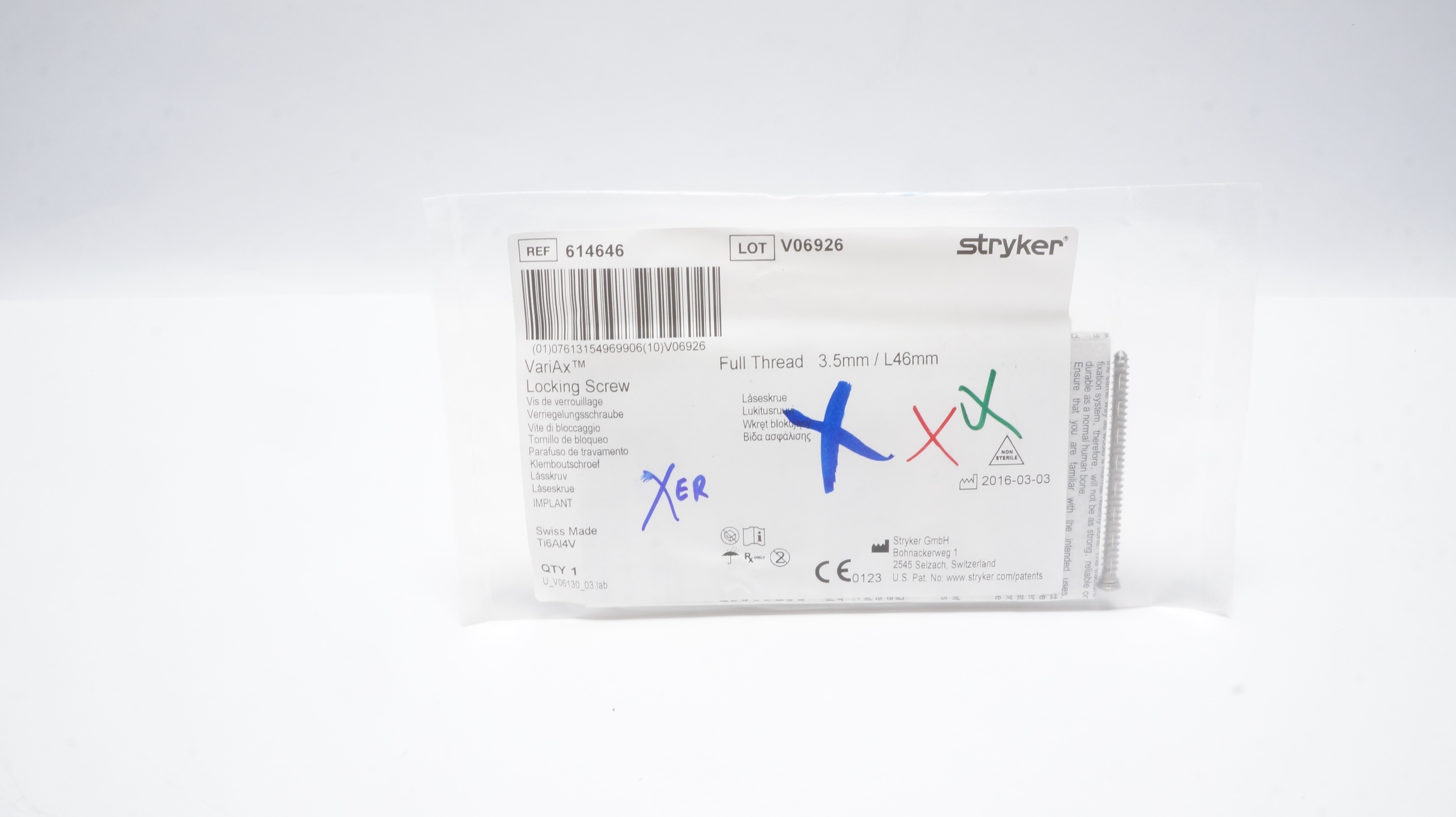 Stryker 614646 VariAx Locking Screw , Full Thread 3.5mm/ L46mm