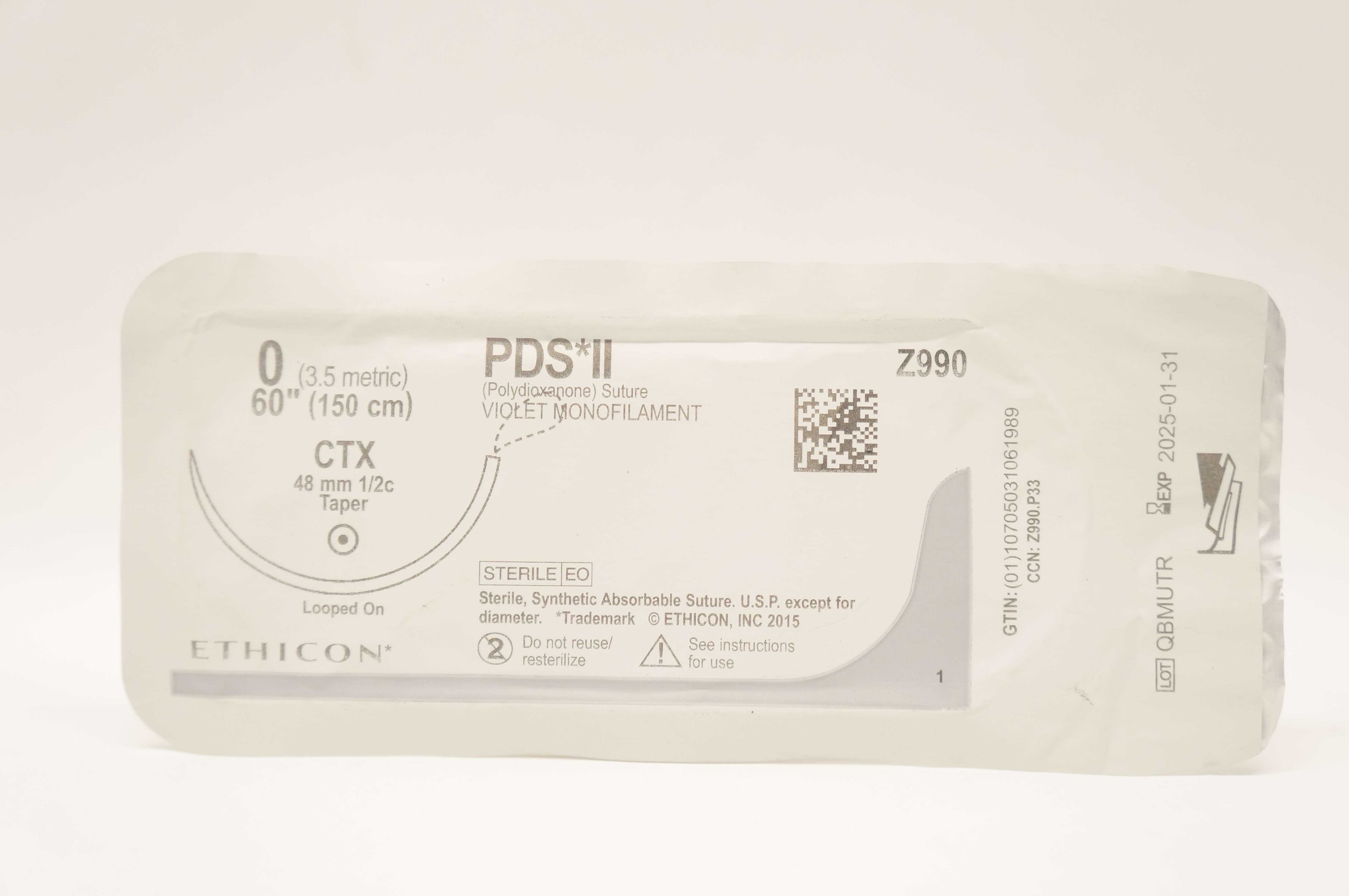 Ethicon Z990 0 PDS II Polydioxanone Stre CTX 48mm 1/2c Taper, 60inch