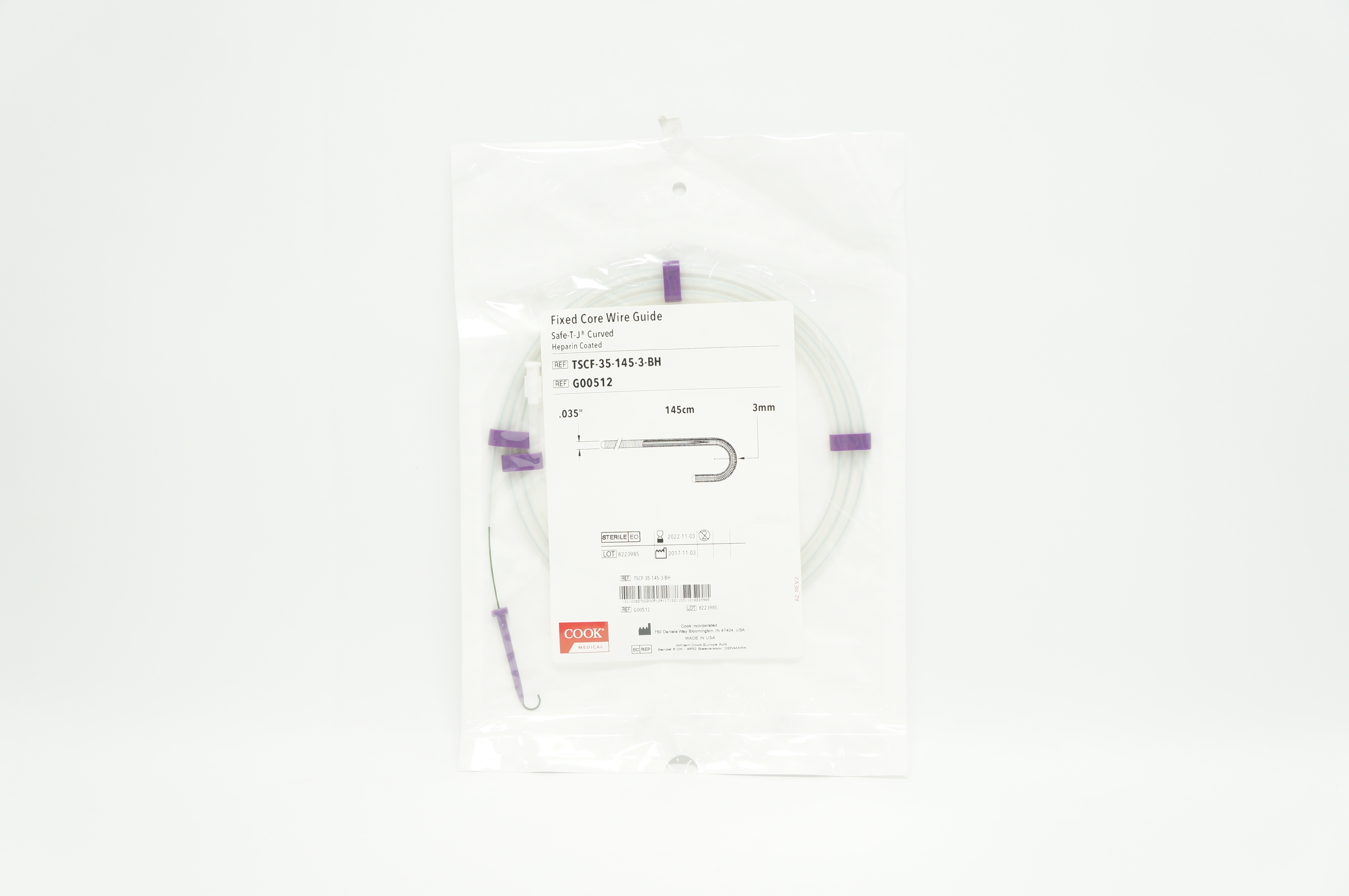 Cook G00512 Fixed Core Wire Guide Safe-T-J Curved .035inch x 145cm x 3mm