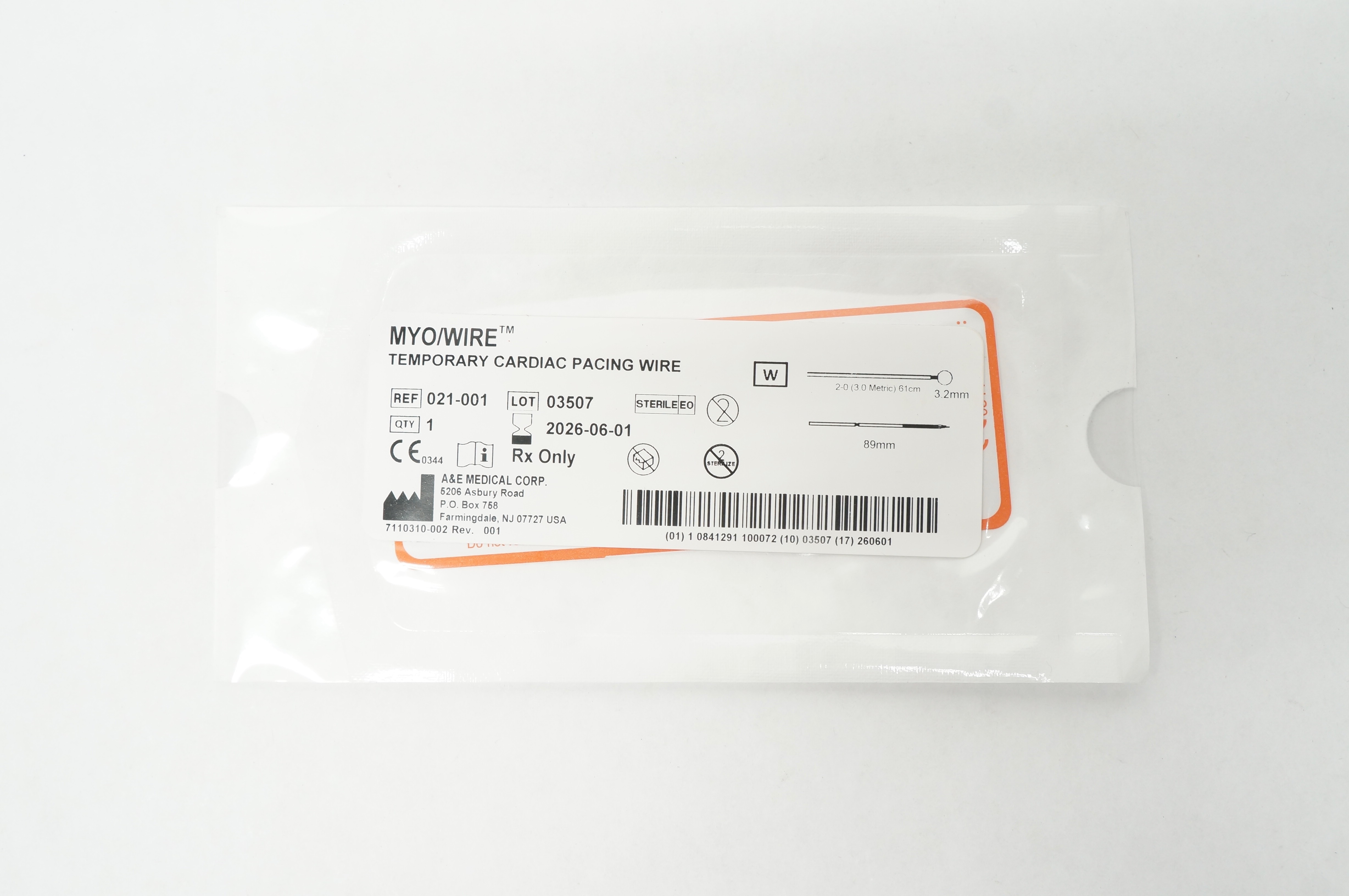 A&E Medical 021-001 2-0 MYO/Wire Temporary Cardiac Pacing Wire 61cm x 3.2 x 89mm
