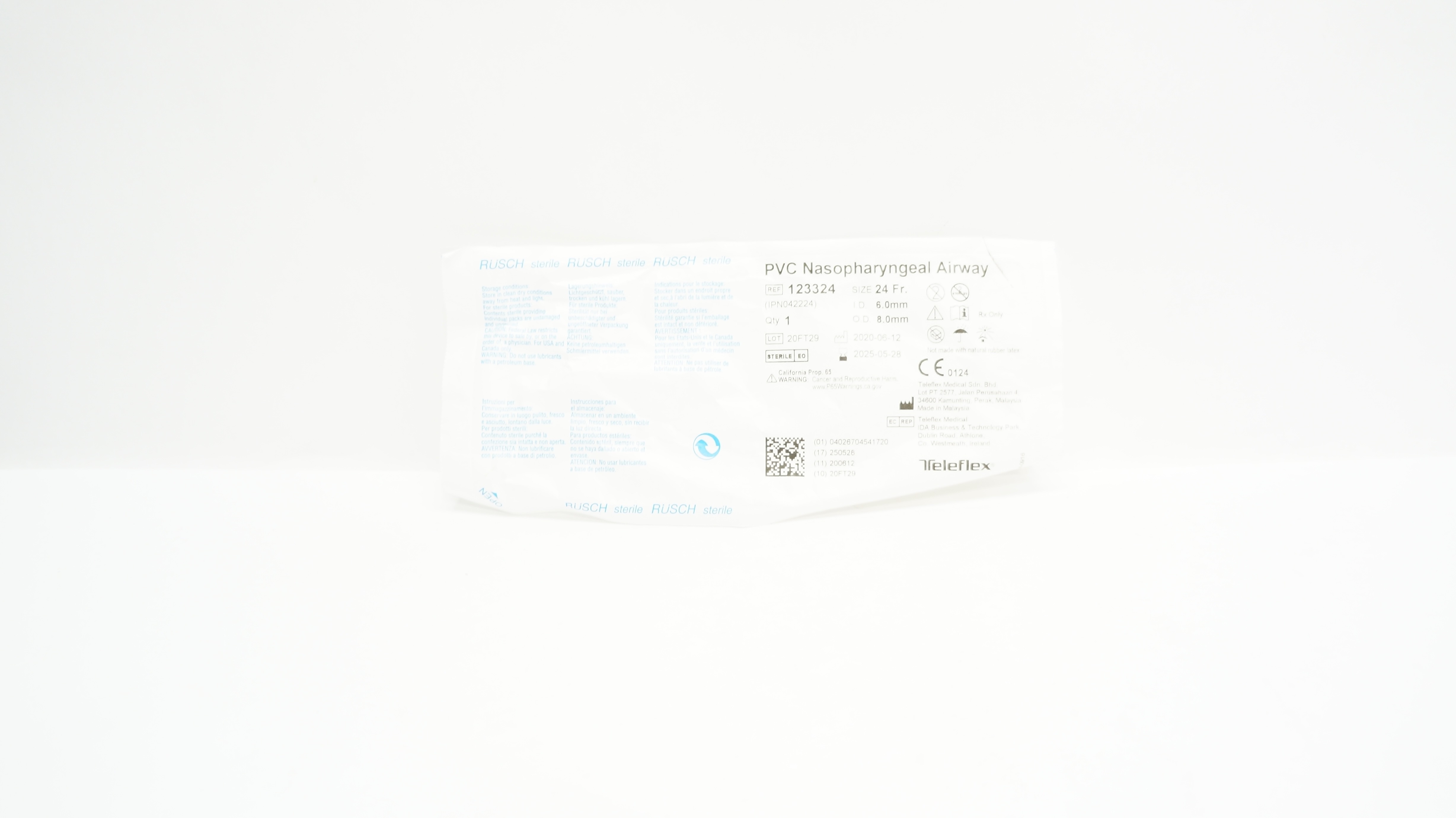 Teleflex 123324 Rusch PVC Nasopharyngeal Airway 24 Fr x 6.0mm ID x 8.0mm OD