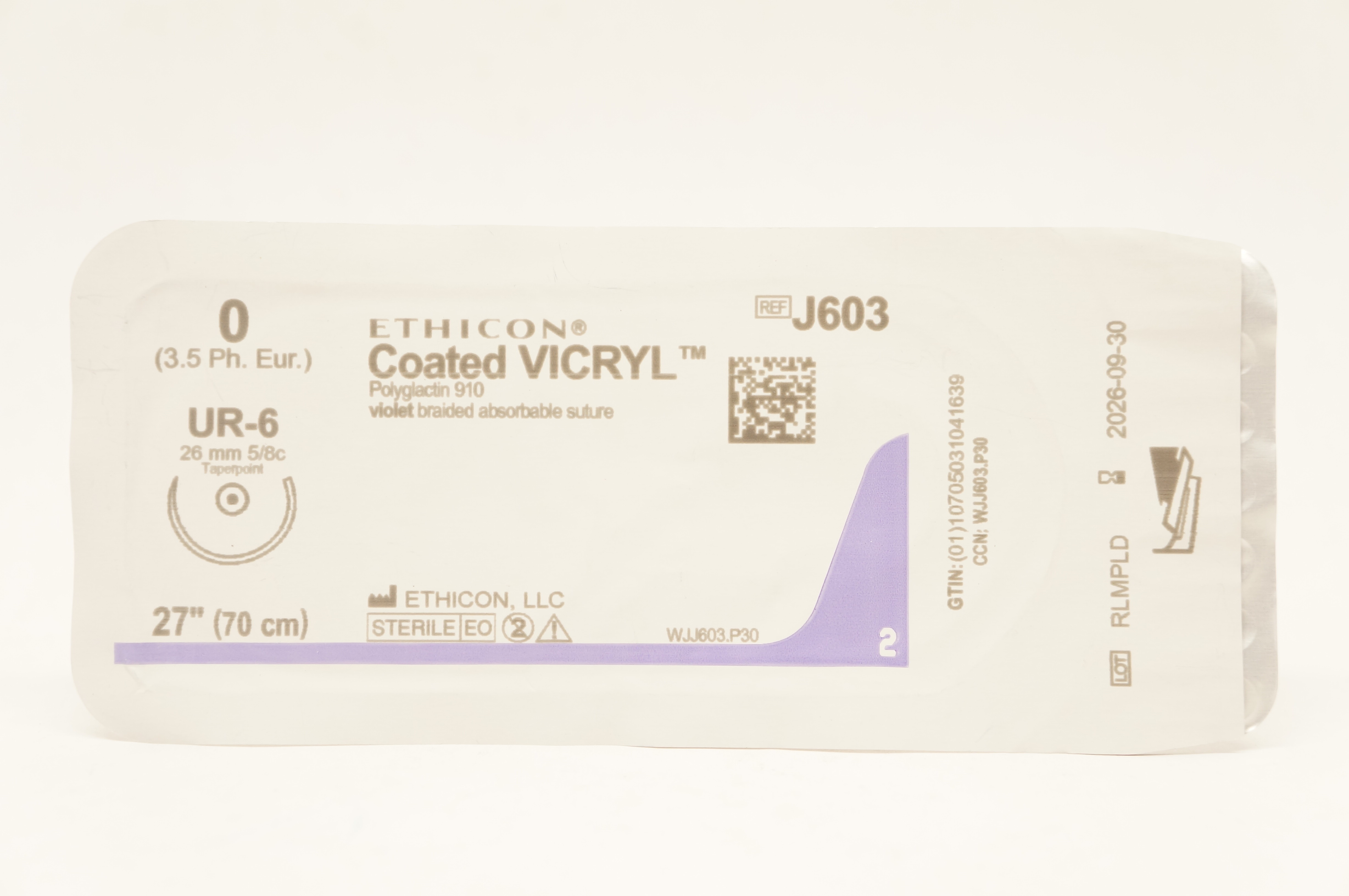 Ethicon J603 0 Coated VICRYL, UR-6, 26mm 5/8c Taperpoint, 27inch