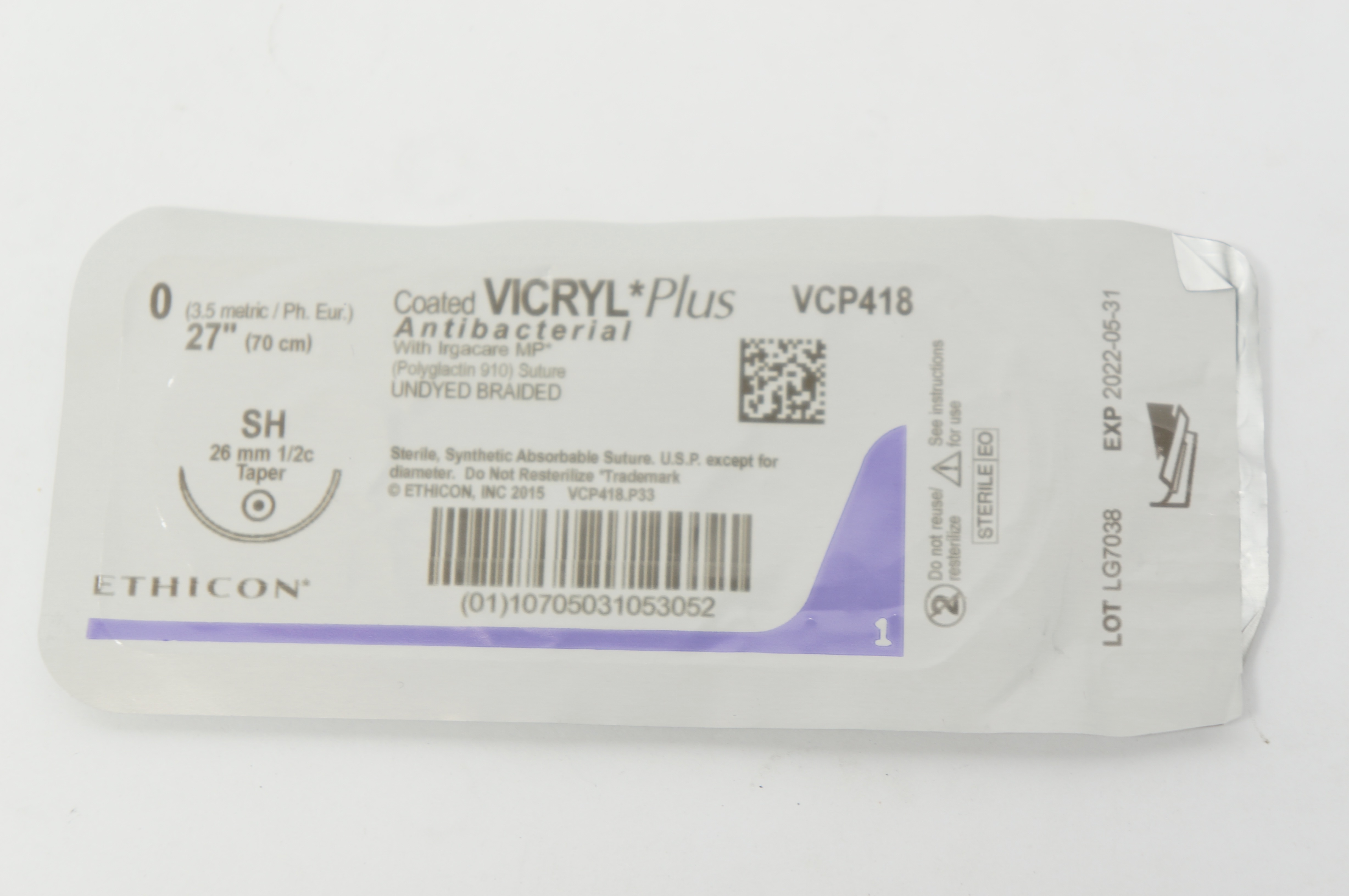 Ethicon VCP418 0 Coated VICRYL Plus Stre SH 26mm 1/2c Taper, 27inch (x)