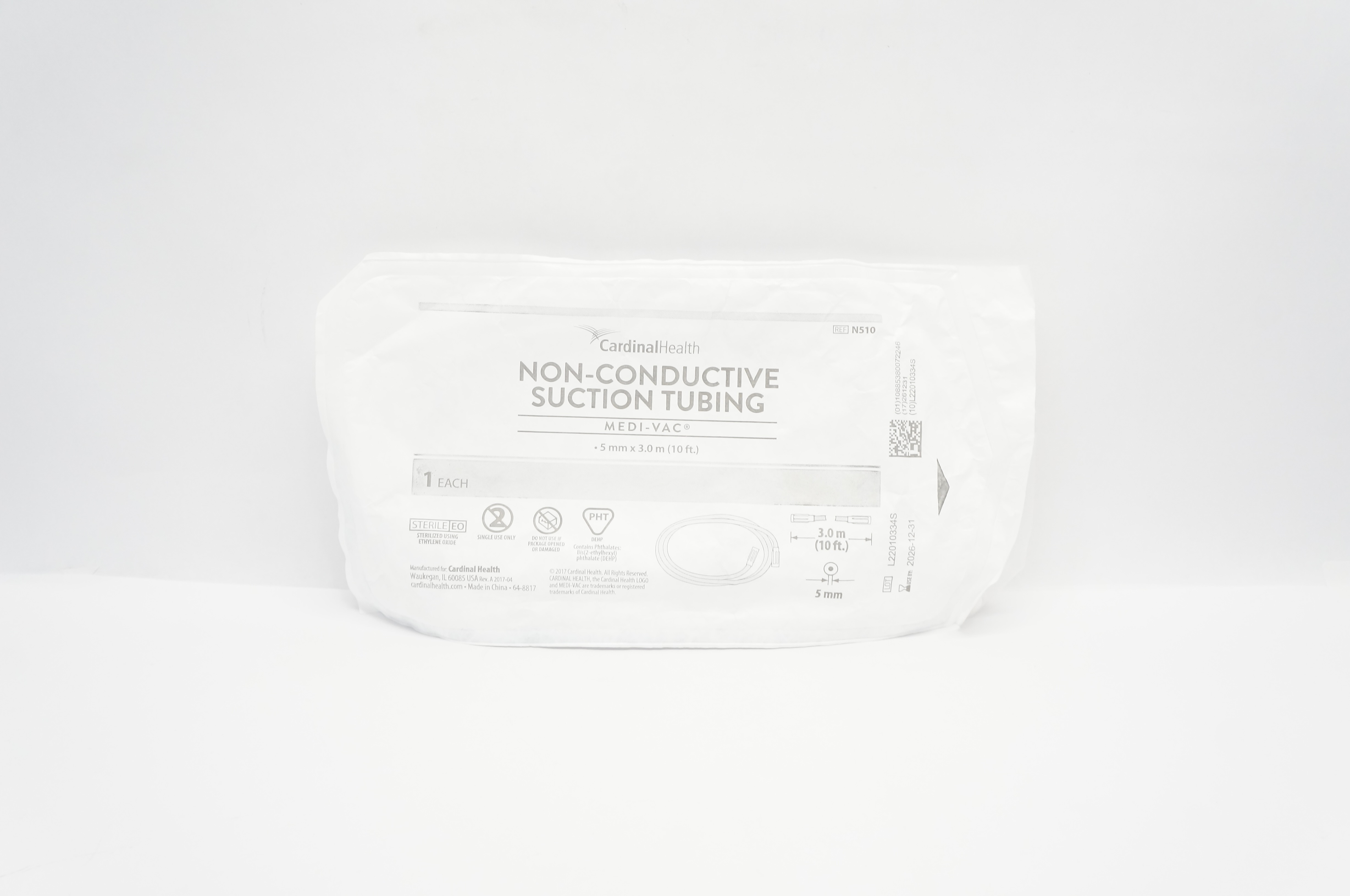 Cardinal Health N510 Medi-Vac Non-Conductive Suction Tubing 3/16in I.D. x 3.0m L