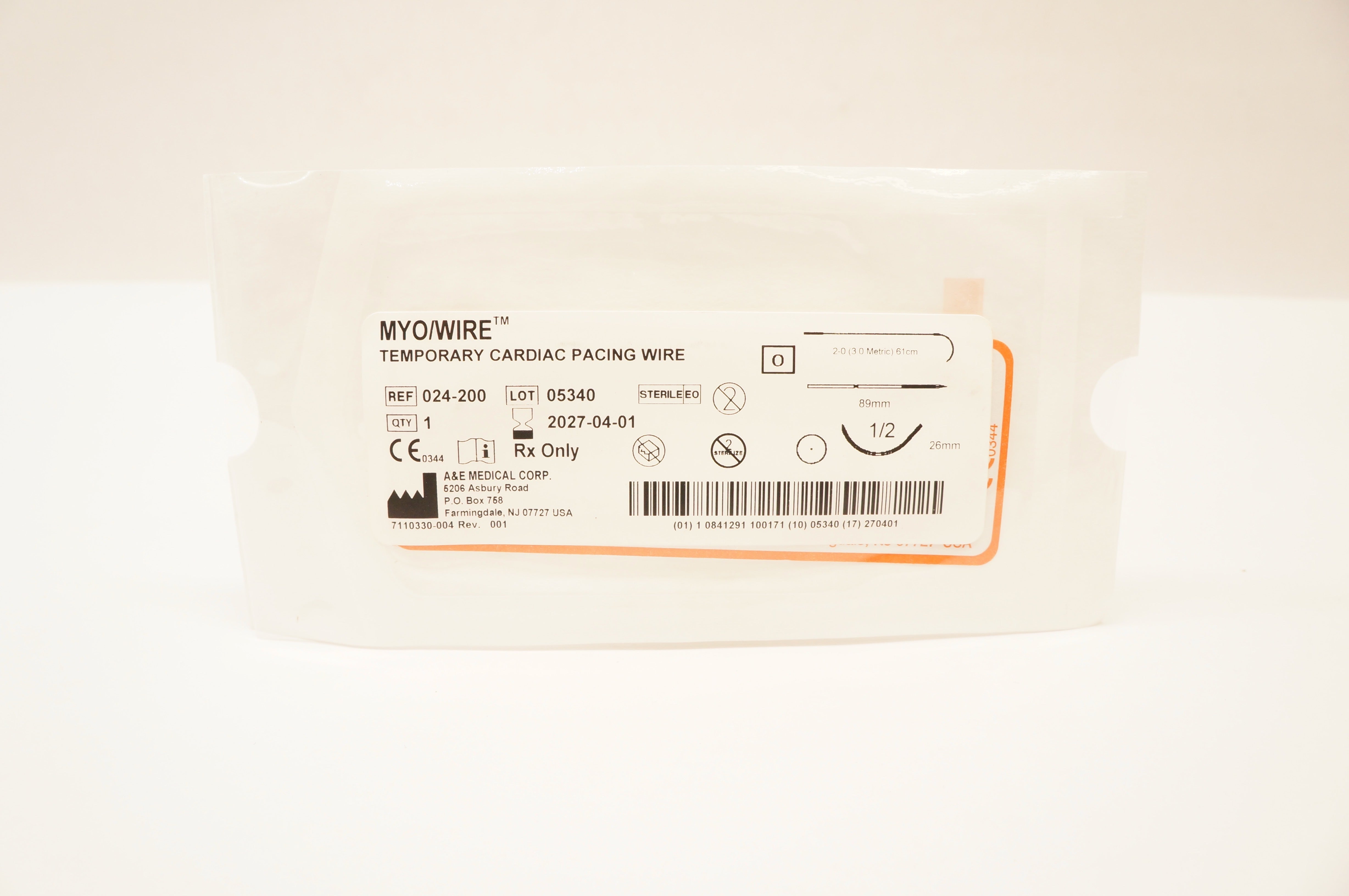Cardiac Wire Rigalo A&E Medical 024-200 2-0 MYO/Wire Temporary Cardiac Pacing Wire 89mm, 1/ ...