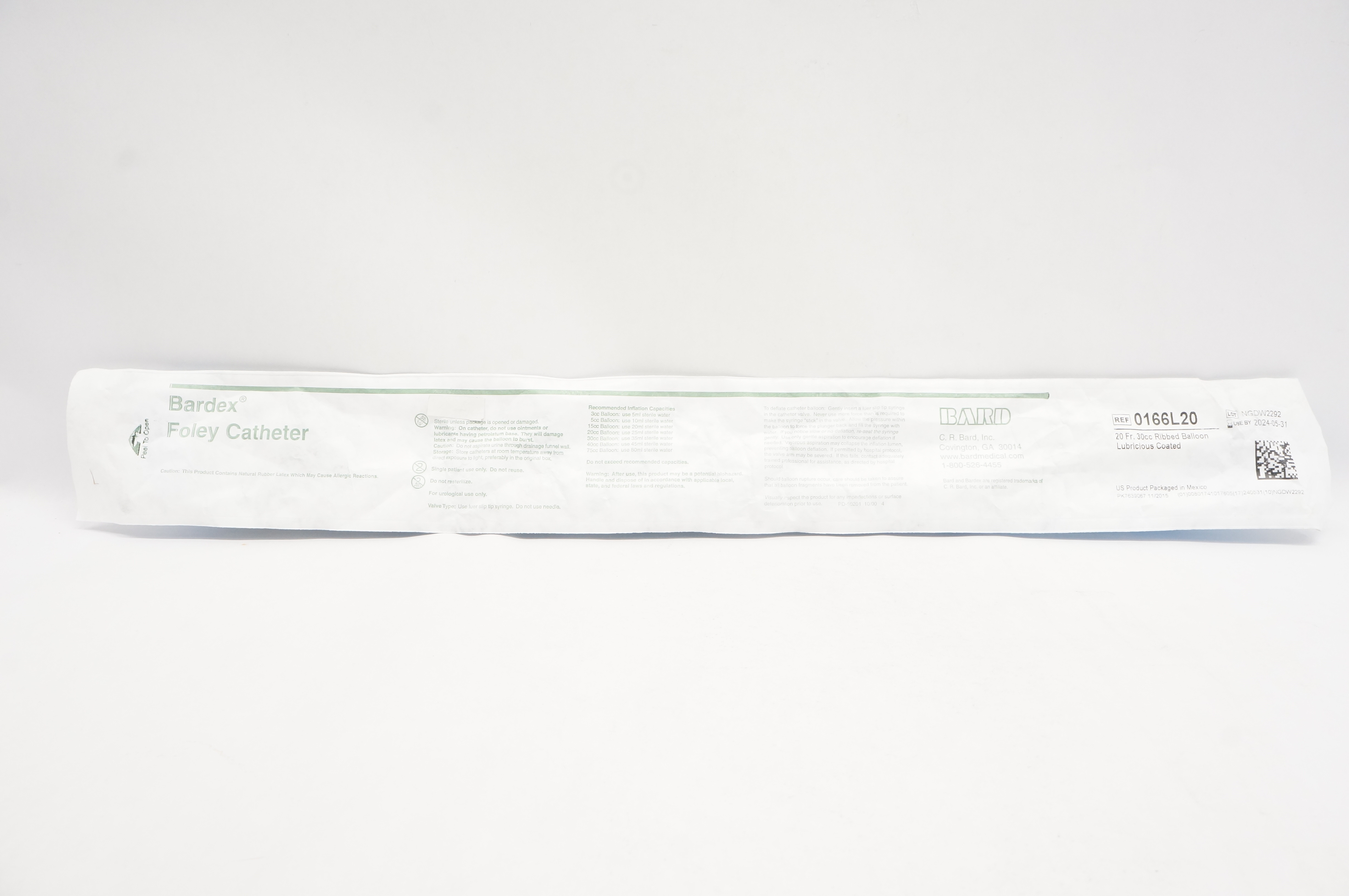 Bard 0166L20 Bardex Foley Cath. 20Fr x 30cc Ribbed Balloon