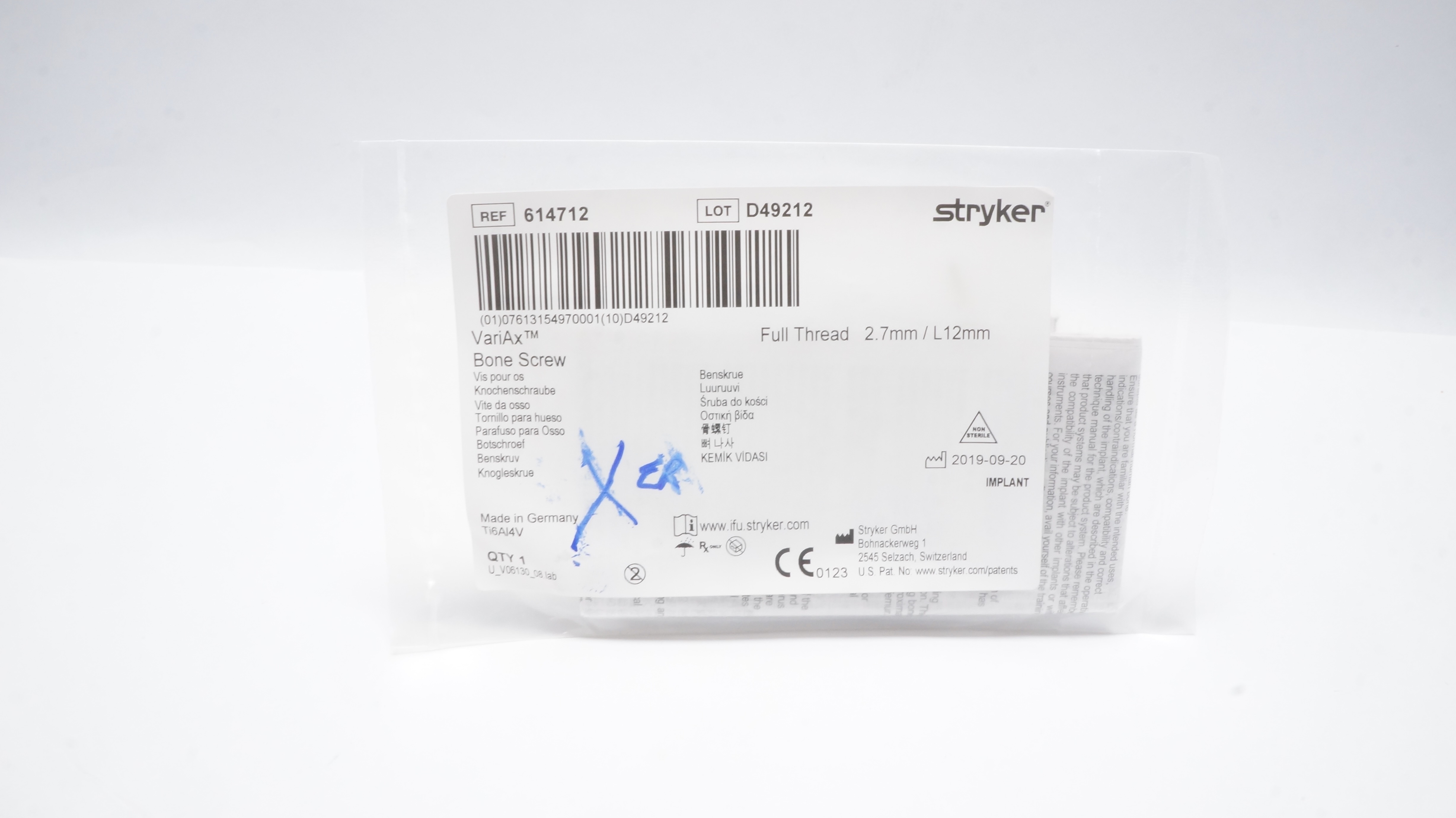 Stryker 614712 VariAx Bone Screw Full Thread 2.7mm/ L12mm