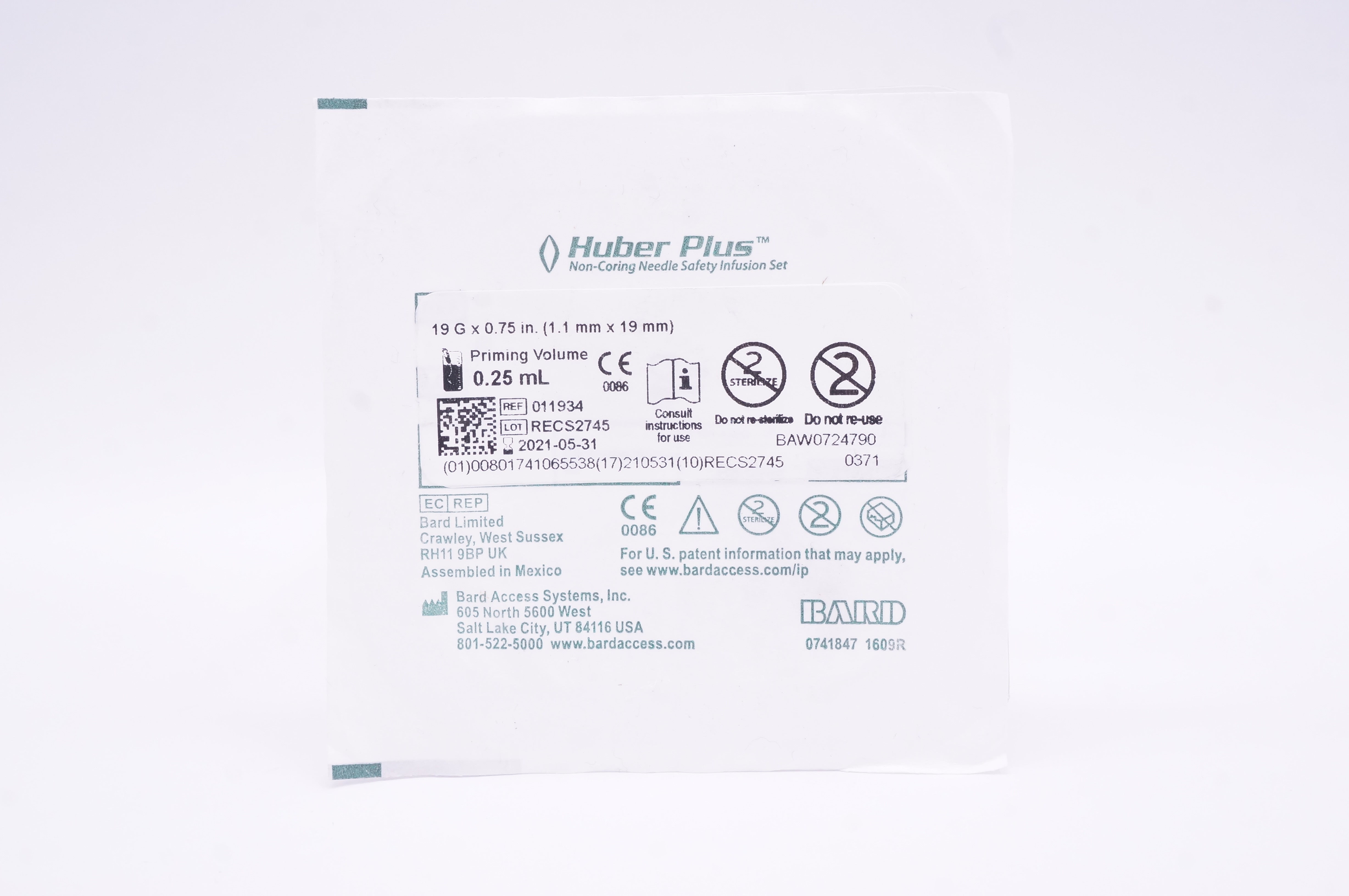 Bard 011934 Huber Plus Non-Coring Ndle Safety Infusion Set 19G x 0.75 inch (x)