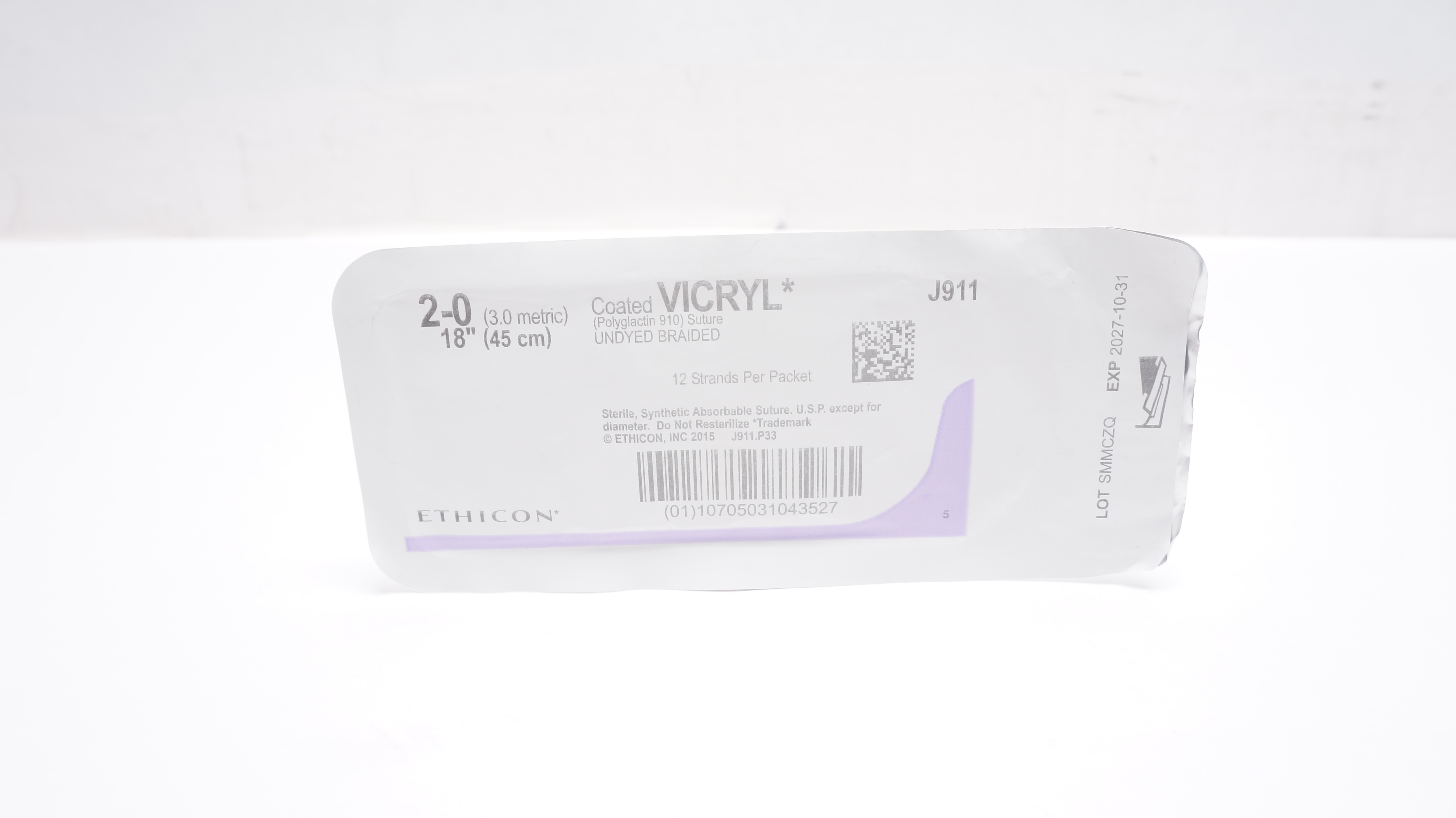 Ethicon J911 2-0 Coated VICRYL Polyglactin 910 Undyed Braided Stre, 18inch