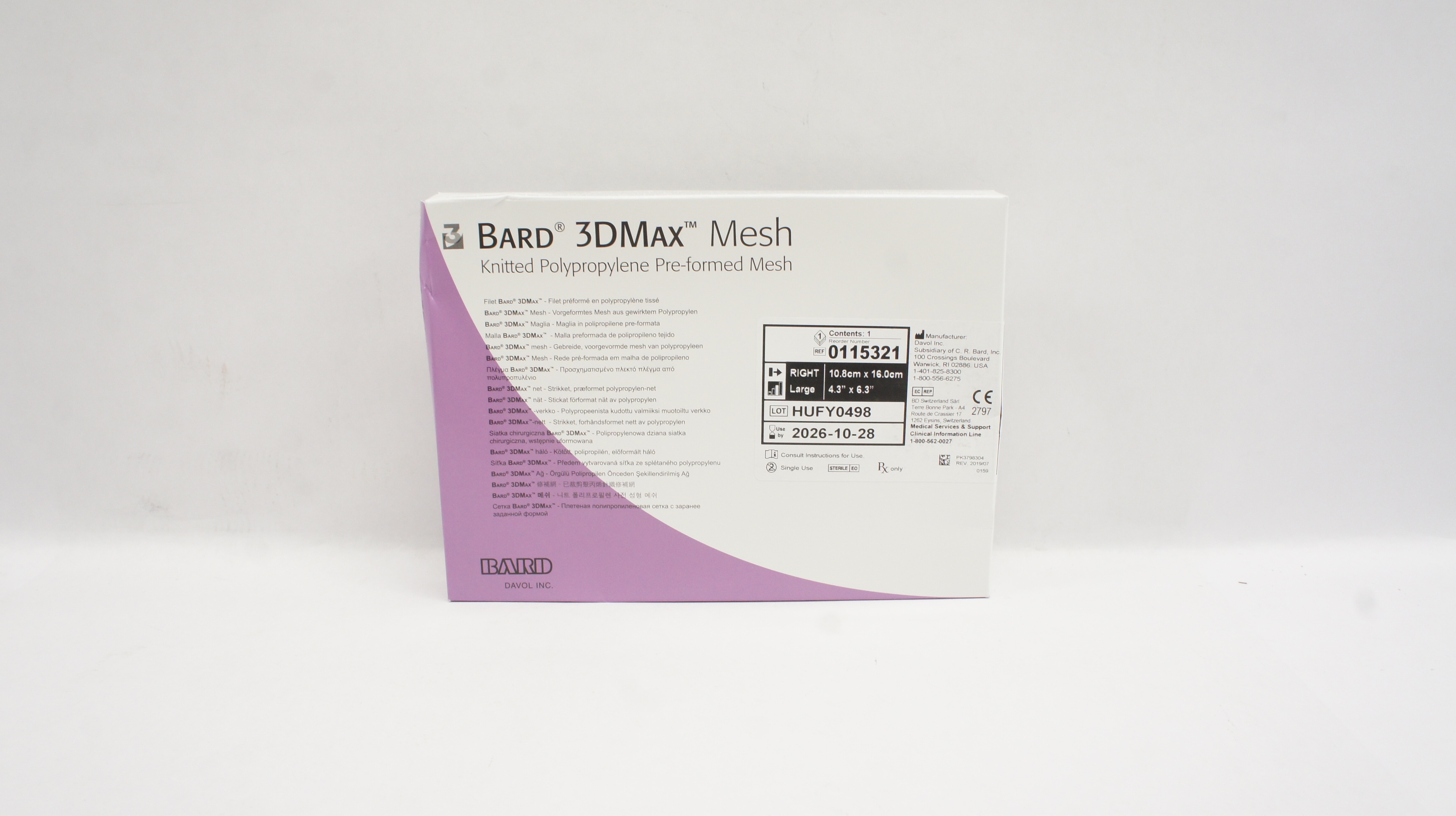 Bard 0115321 3DMax Knitted Polypropylene Pre-formed Mesh Right,L,4.3 x 6.3in.
