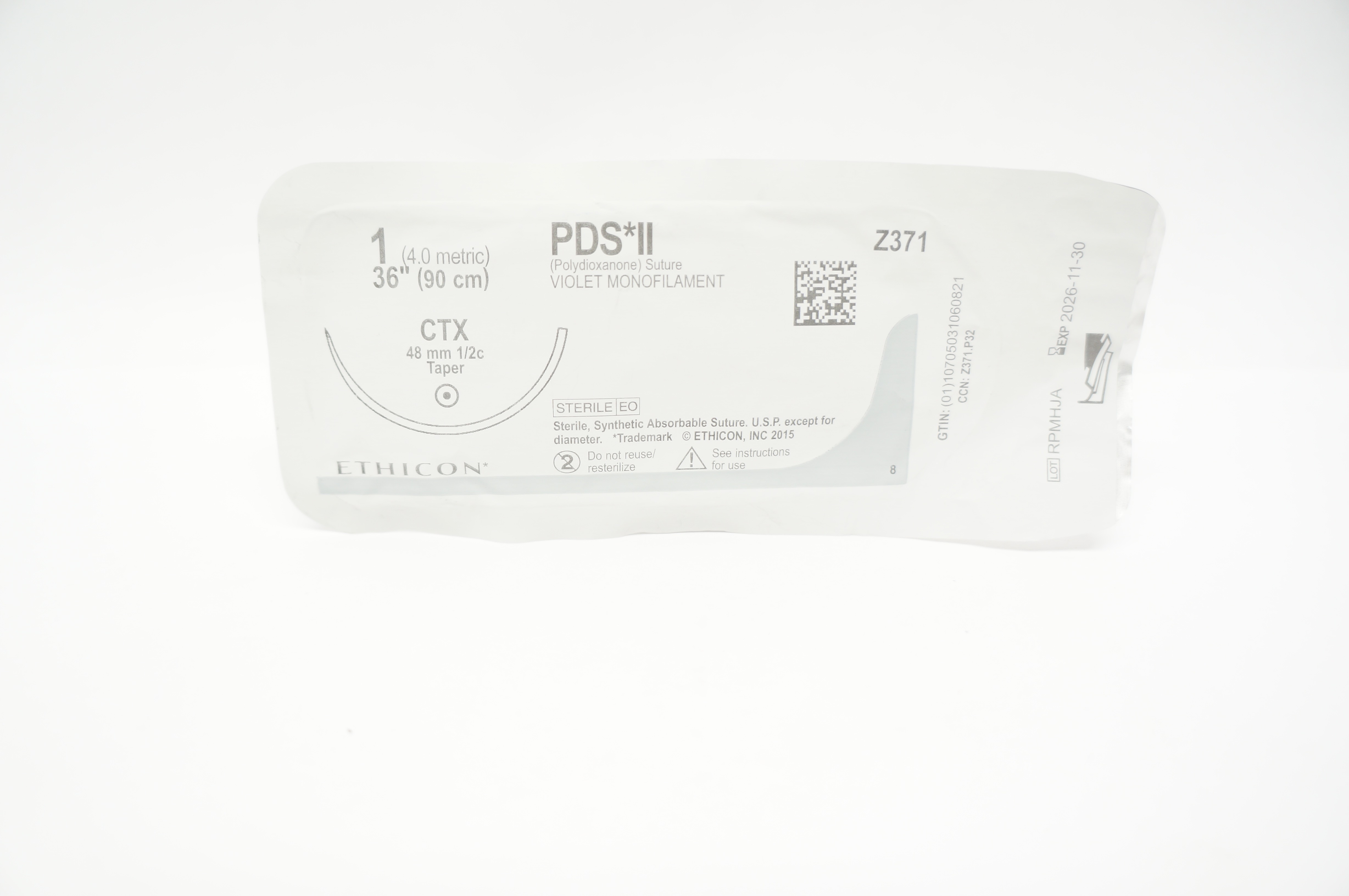 Ethicon Z371 1 PDS II Polydioxanone Stre CTX 48mm 1/2c Taper 36inch