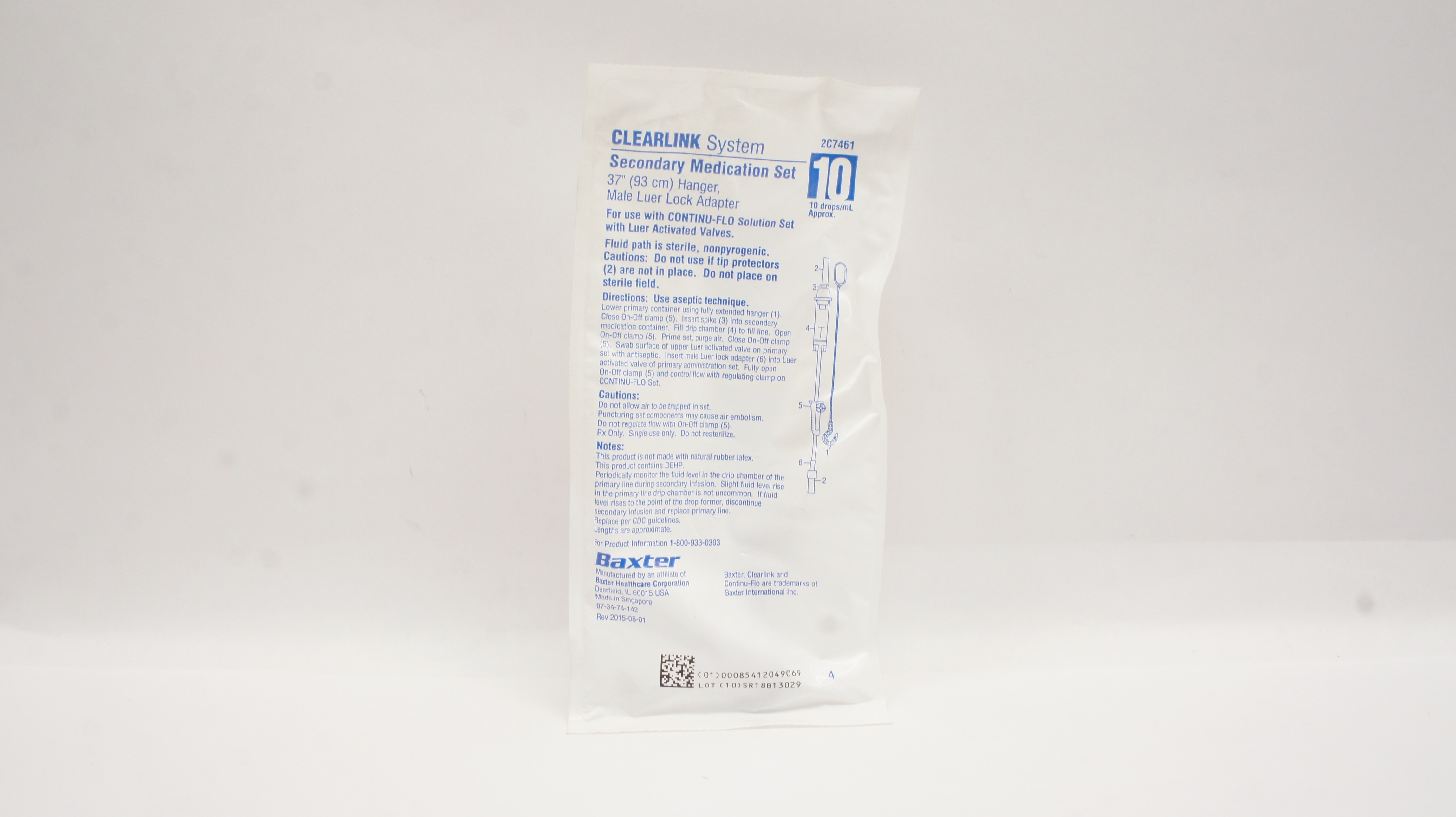 Baxter 2C7461 Clearlink System Secondary Medication Set 37inch Hanger 10drops/ml