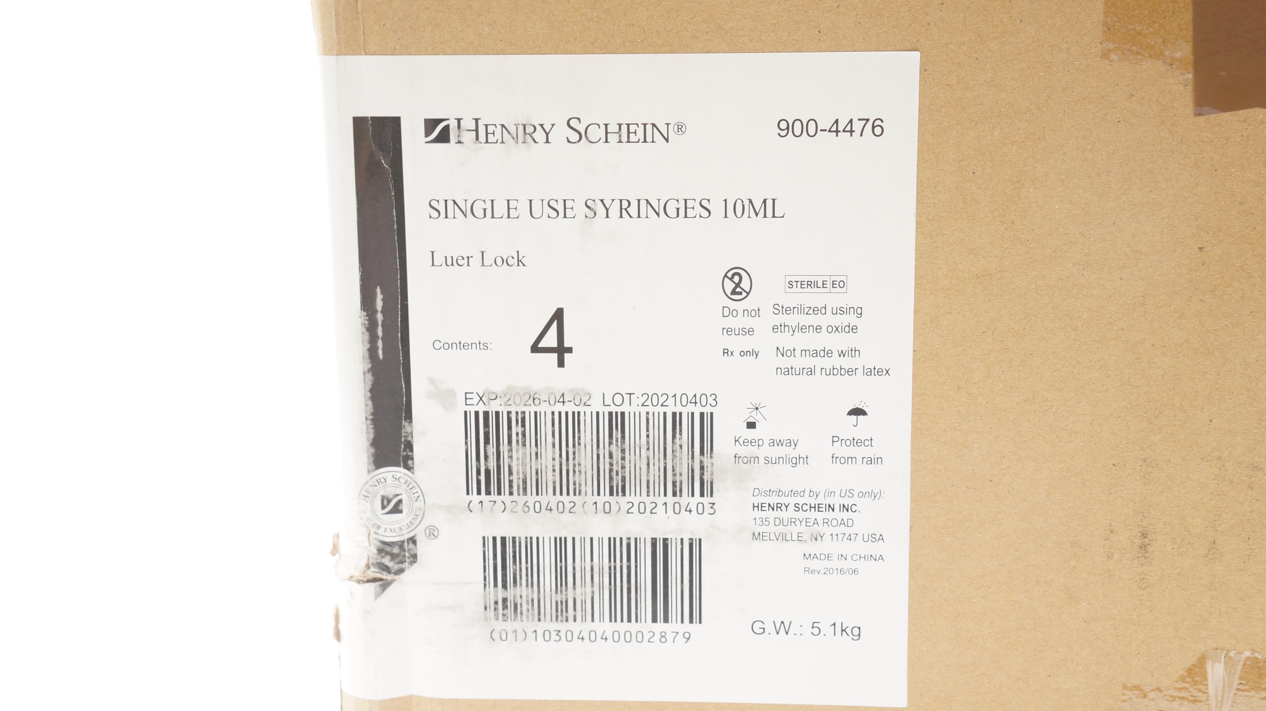 Henry Schein 900-4476 Single Use Syringe Luer Lock 10ml - Case of 4