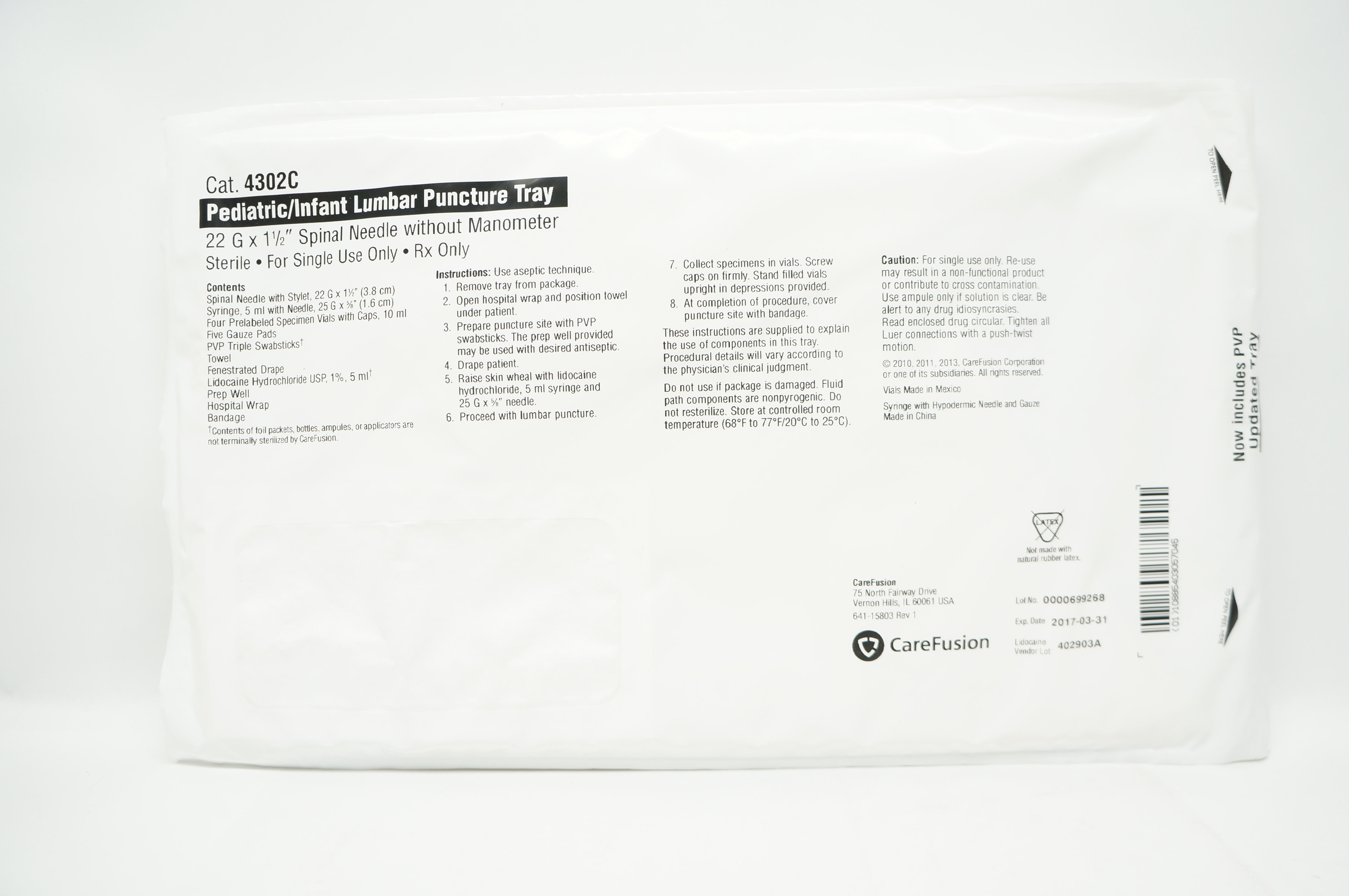 CareFusion 4302C Pediatric/Infant Lumbar Puncture Tray w/Ndle 22G x 1 1 ...