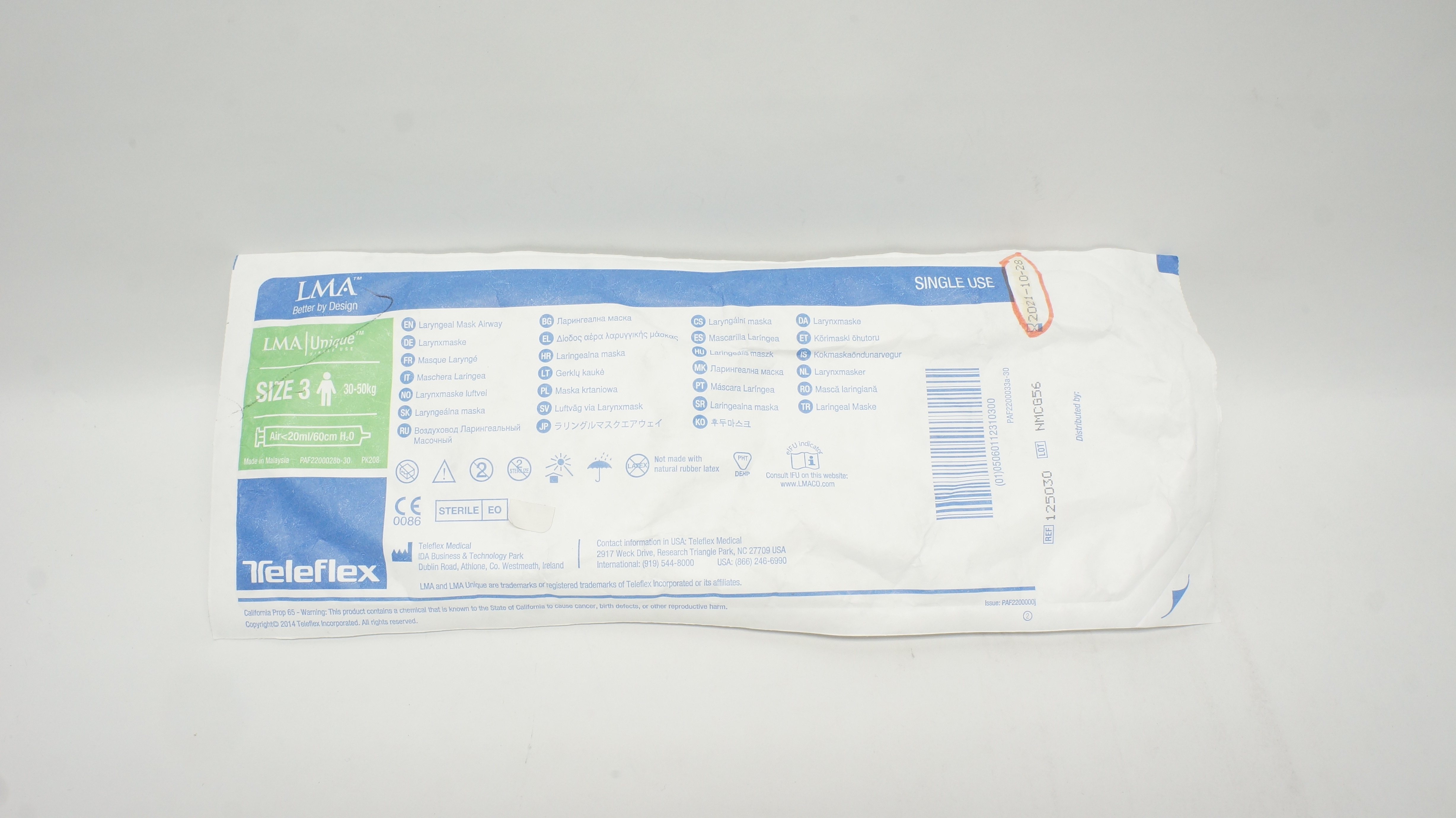 Teleflex 125030 LMA Unique Laryngeal MaskAirway Size 3 30-50kg <20ml/60cm H2O(x)