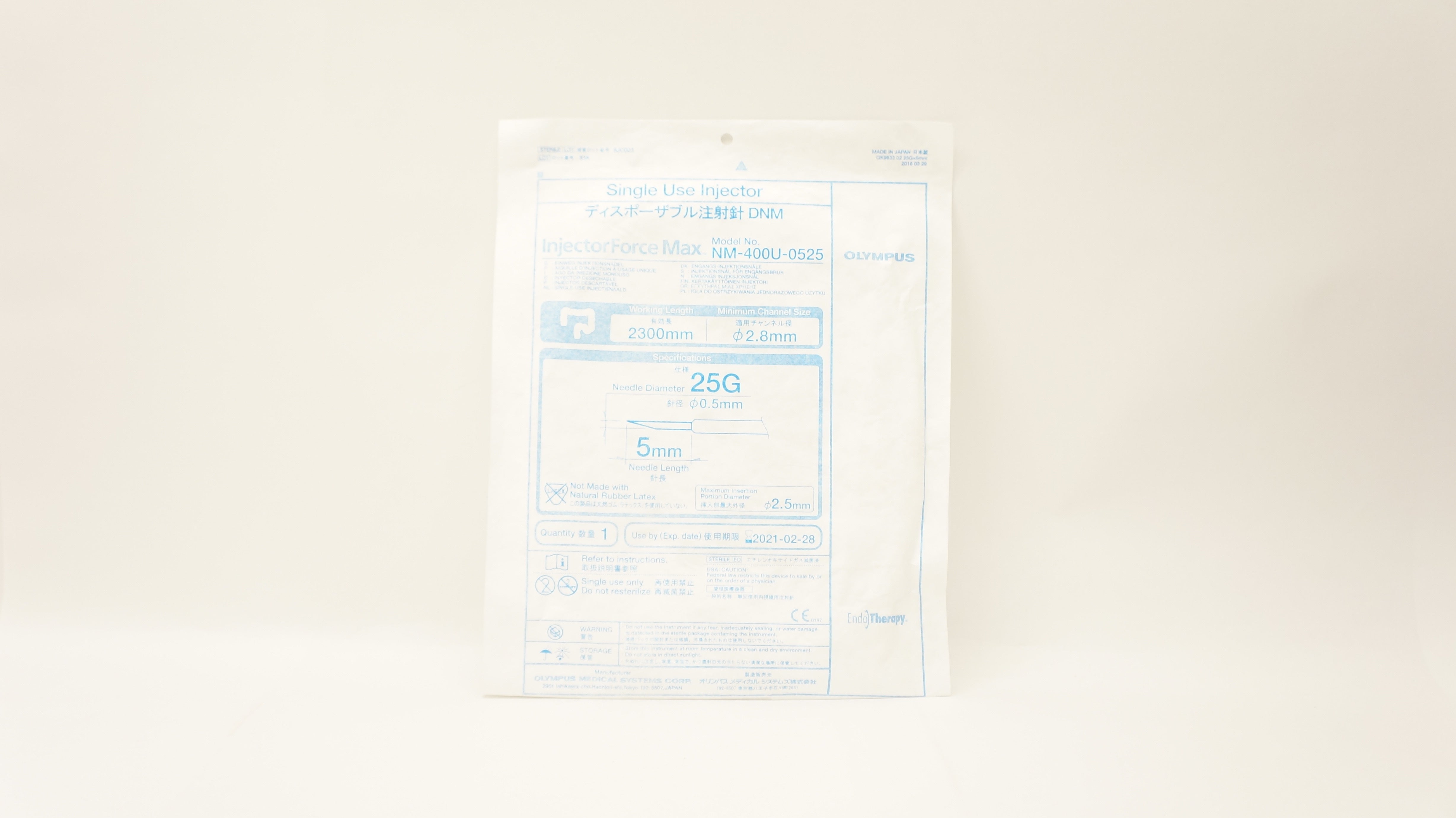 Olympus NM-400U-0525 InjectorForce Max Single Use Injector, 2300mm x 2.8mm (x)