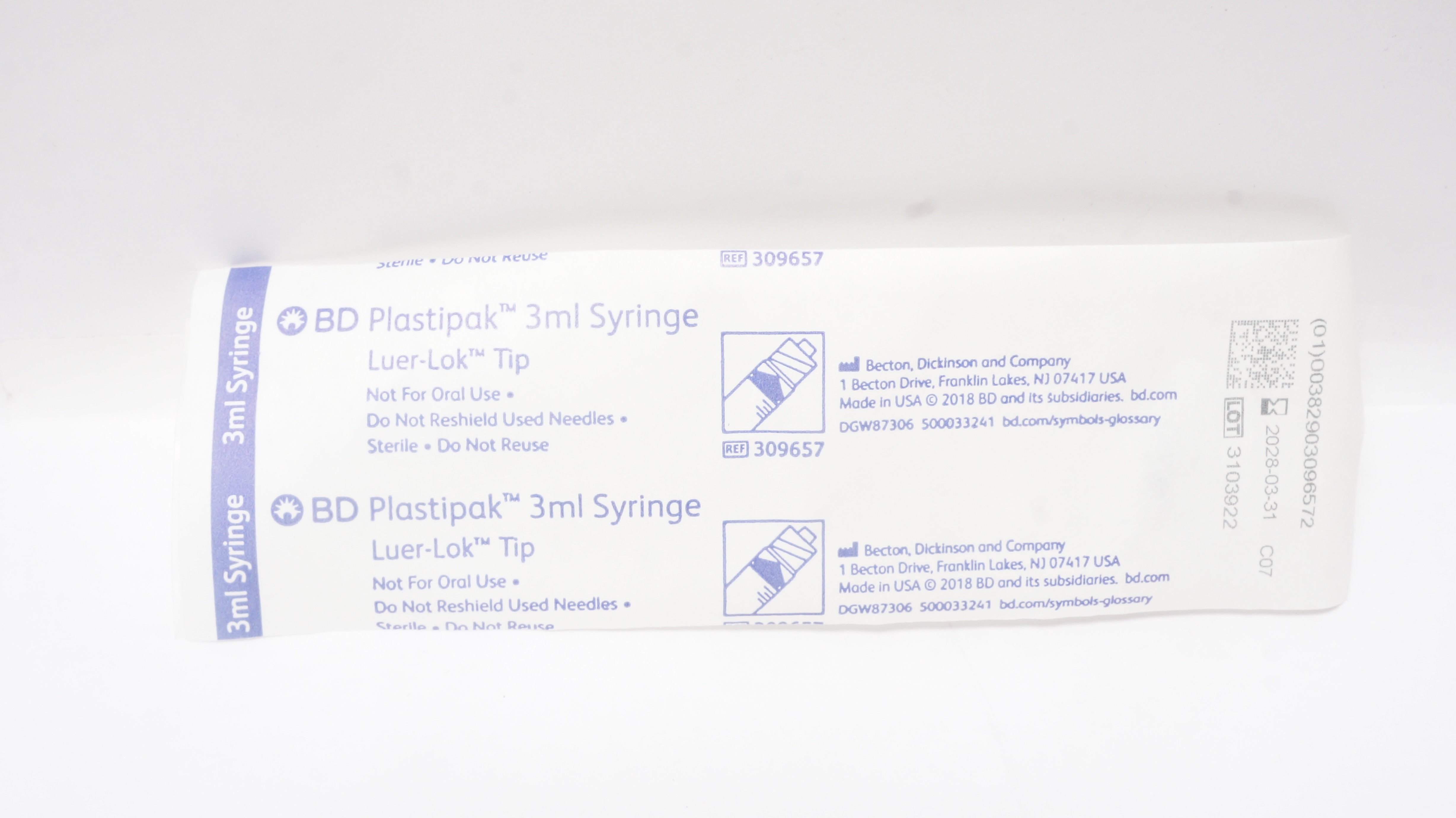 BD 309657 Plastipak Luer-Lok Tip Syringe 3mL
